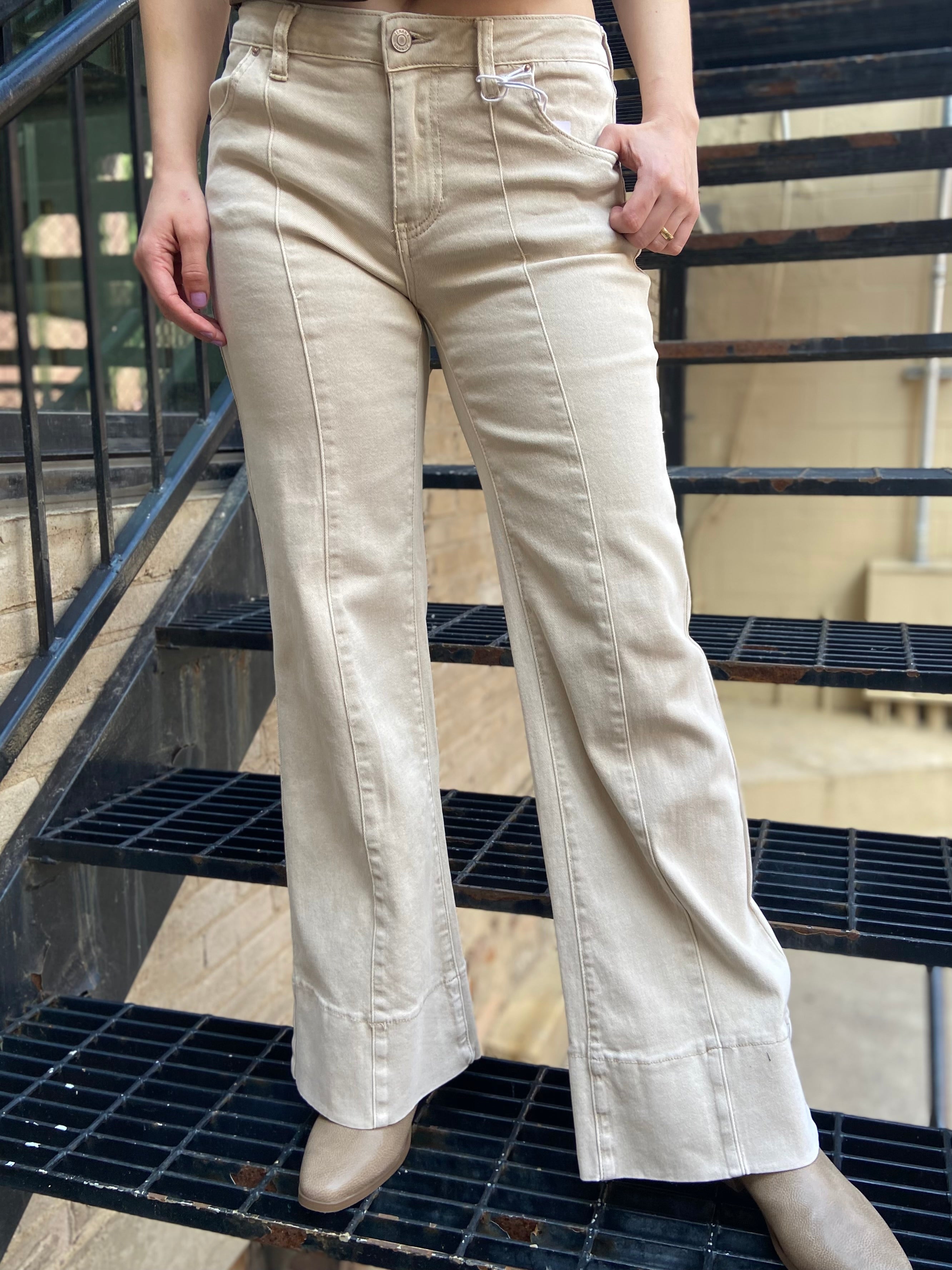 Emmy Beige Mid Rise Wide Leg Jeans - MK Threads Boutique