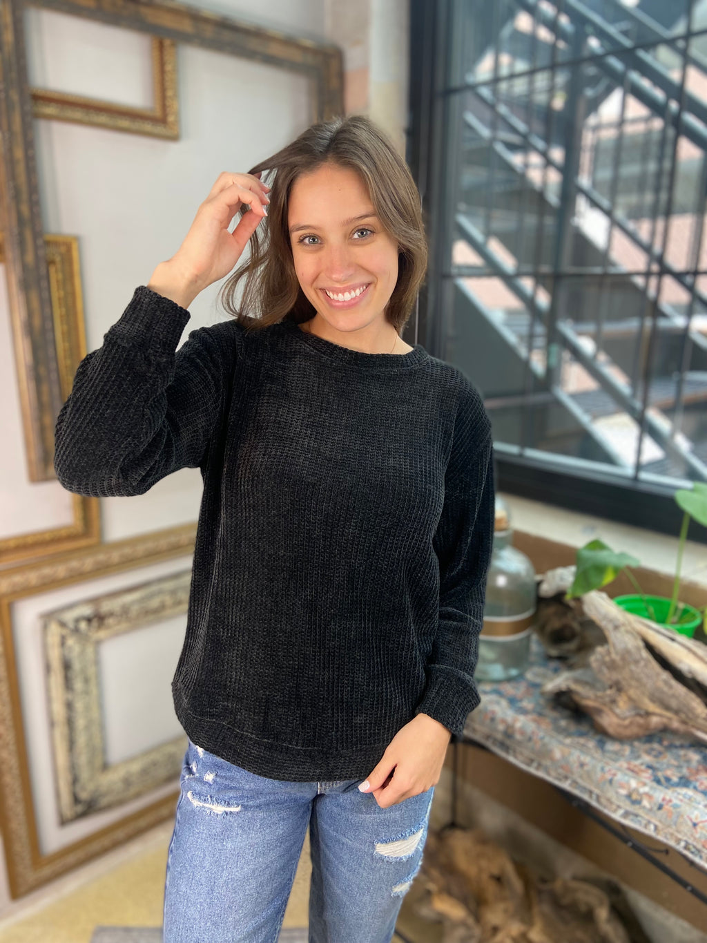 Kayla Black Chenille Waffle Round Neck Sweater