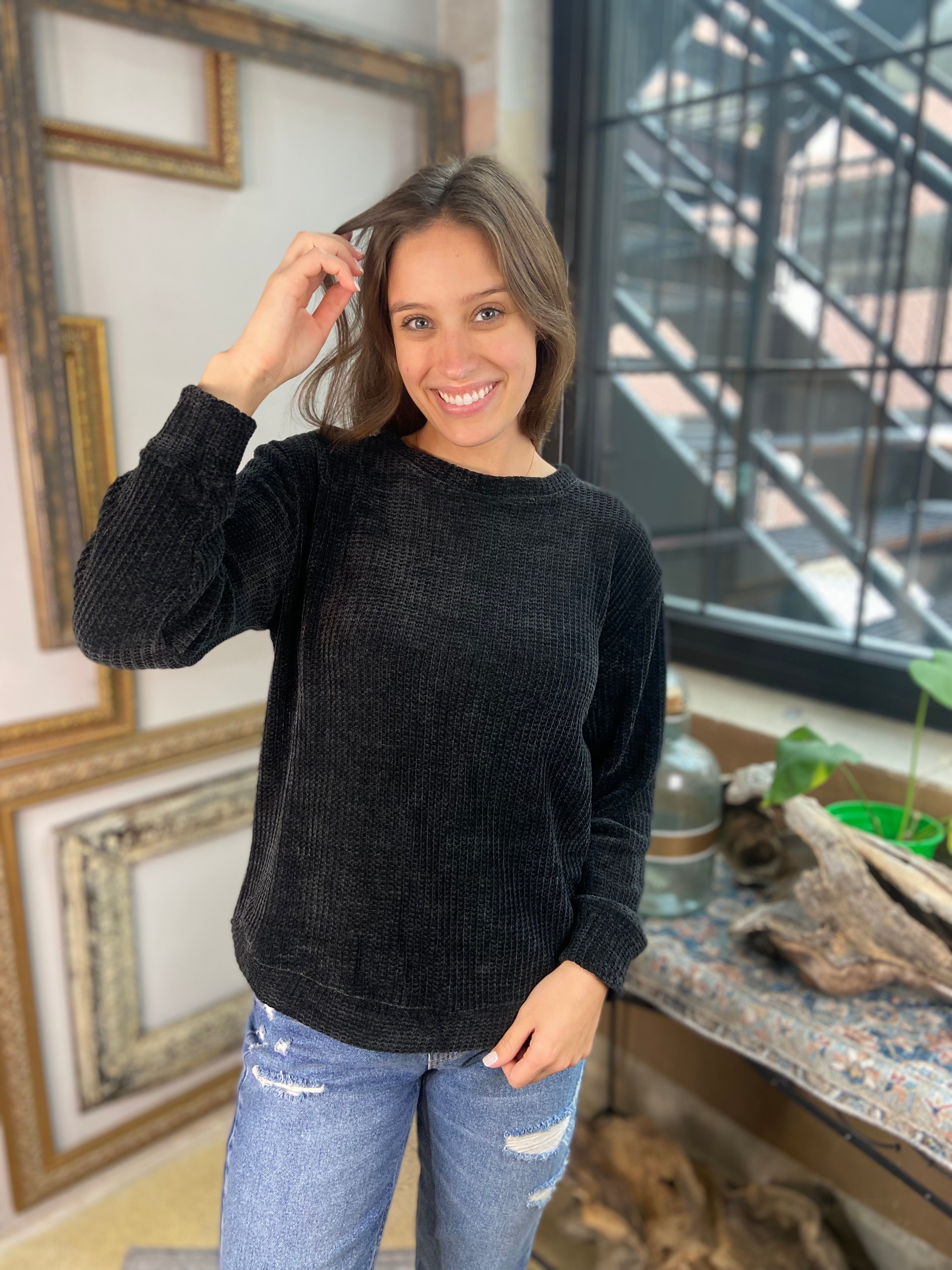 Kayla Black Chenille Waffle Round Neck Sweater