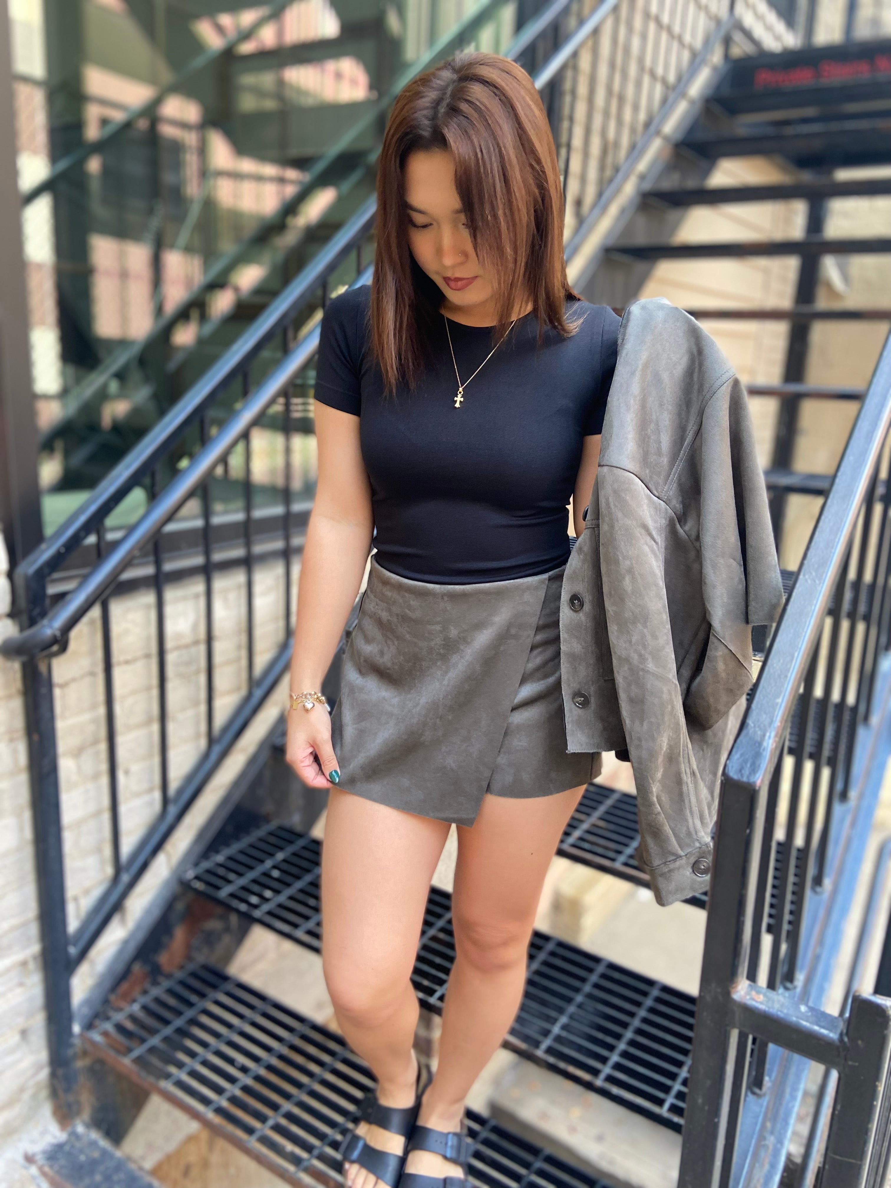 Eden Olive Front Wrap Suede Skort