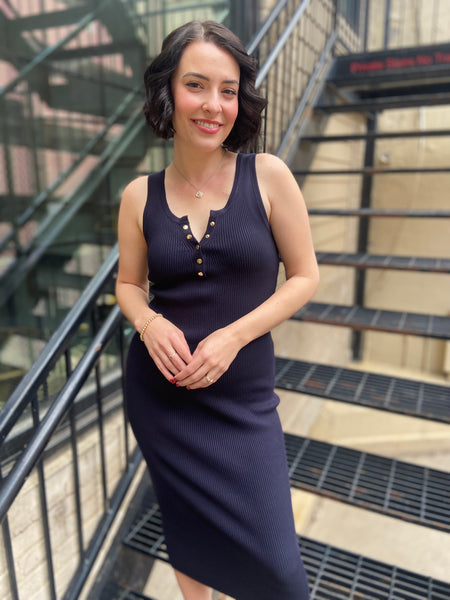 Introducing the Marlowe Navy Ribbed Midi Dress, your go-to piece for effortless style. This dress combines comfort and elegance, making it perfect for any occasion. The ribbed texture flatters every silhouette, while the midi length adds a touch of sophistication. Dress it up with heels or keep it casual with sneakers—versatility is its middle name! 

- Flattering ribbed design 
- Classic navy colour for easy pairing 
- Perfect for day or night wear 
- Easy to style for all occasions 
- Comfortable fit for 