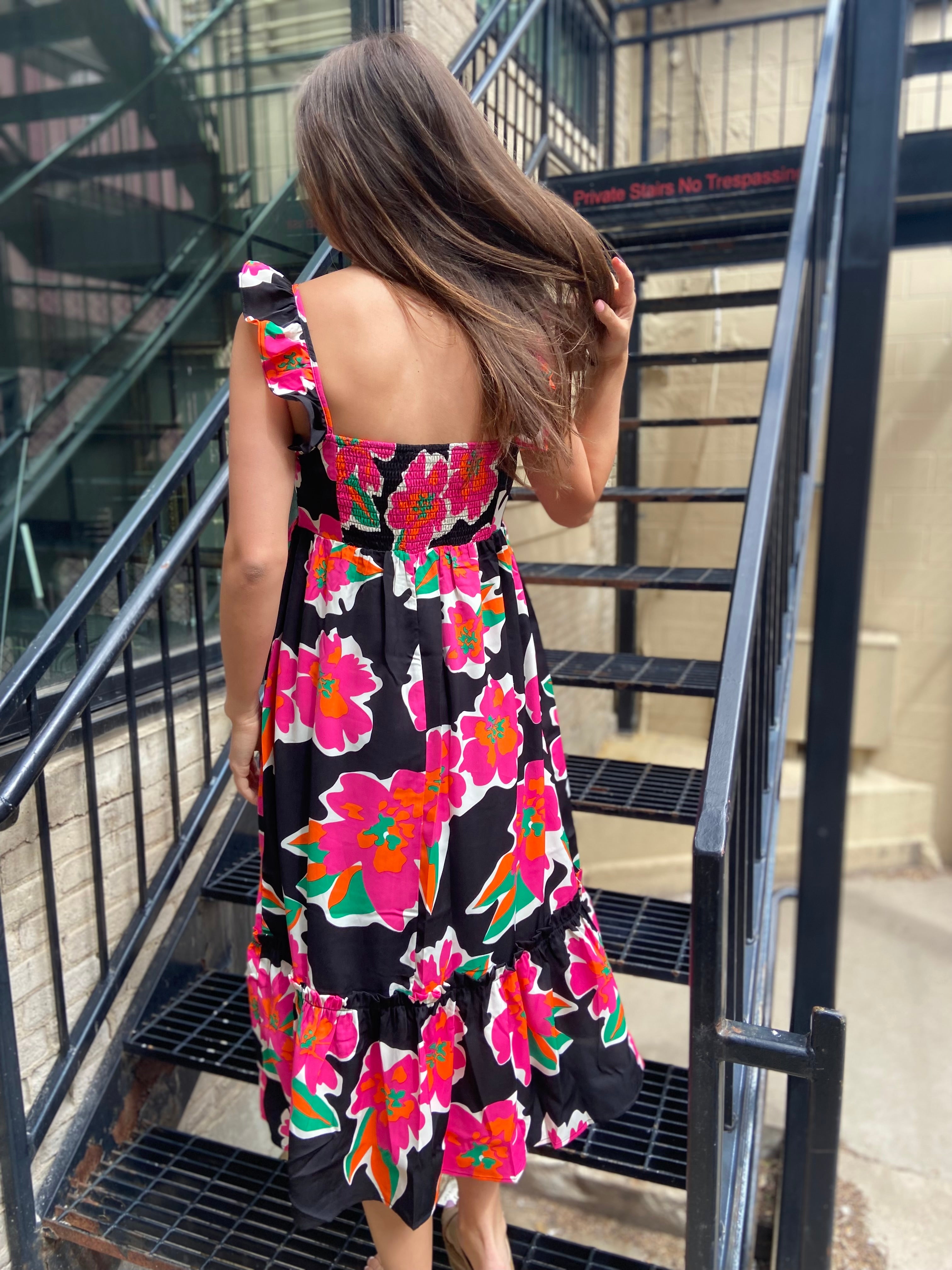Zuri Black Floral Print Ruffle Midi Dress