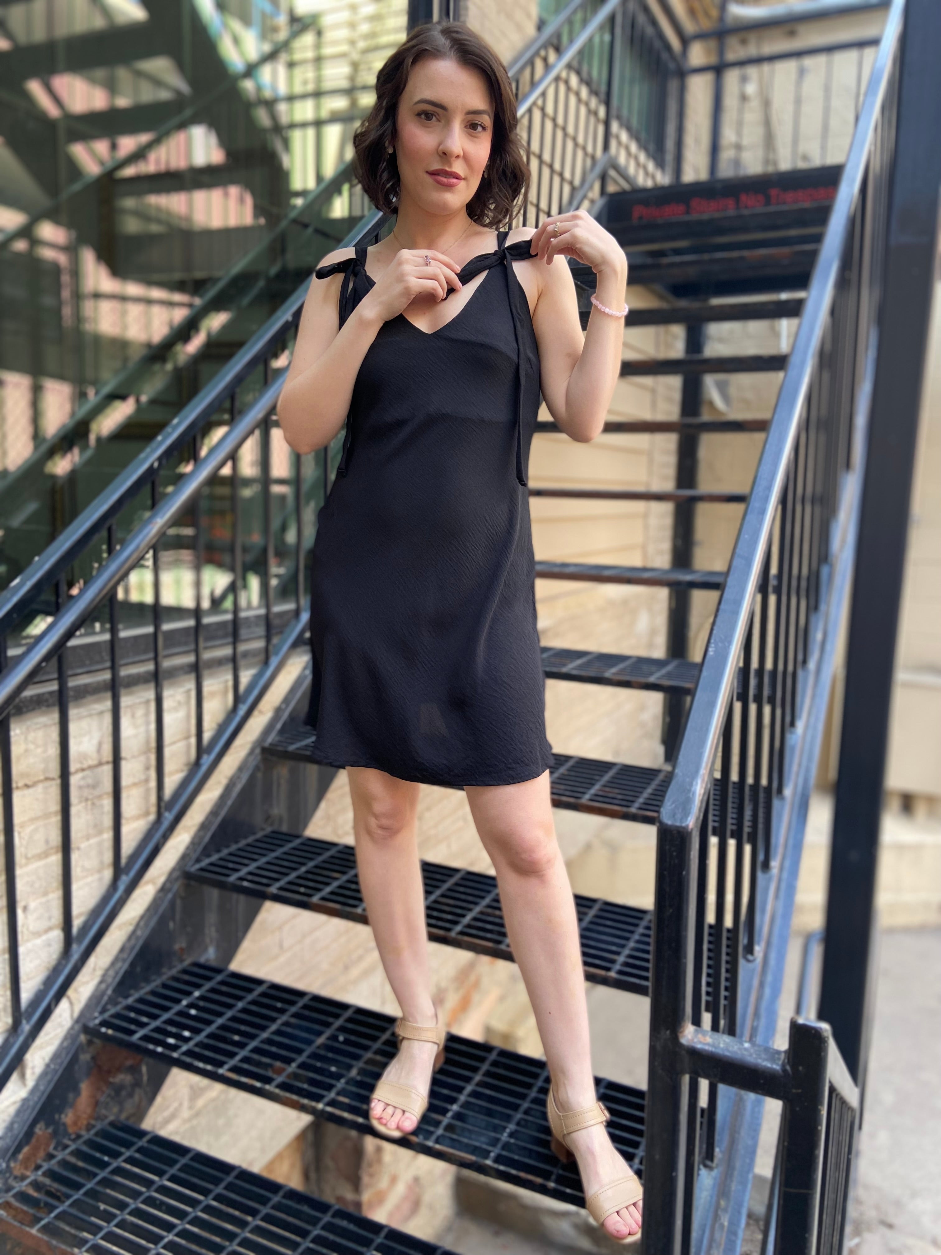 Jodie Black Shoulder Tie Mini Dress