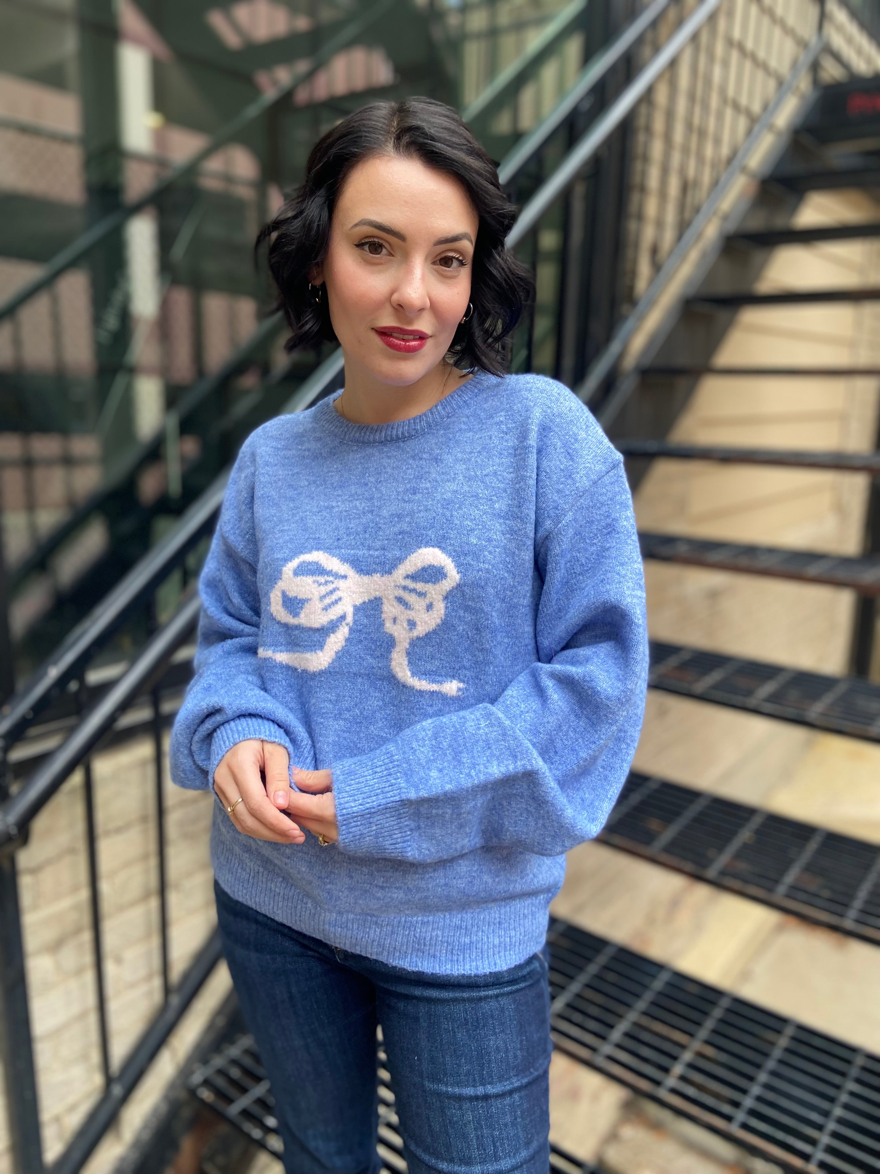 Blue Bow Knit Crew Sweater