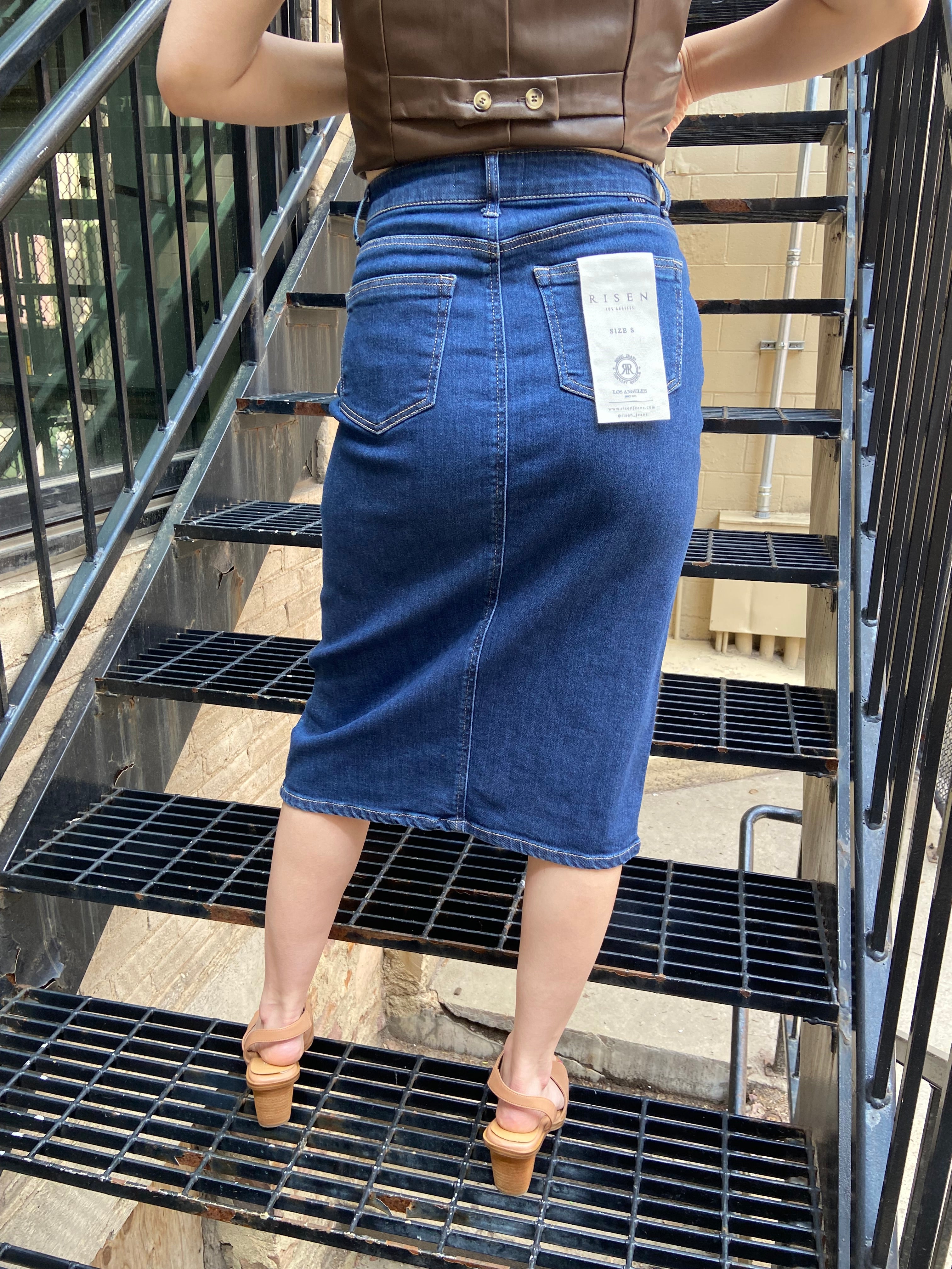 Nanci Dark Wash Midi Risen Jean Skirt