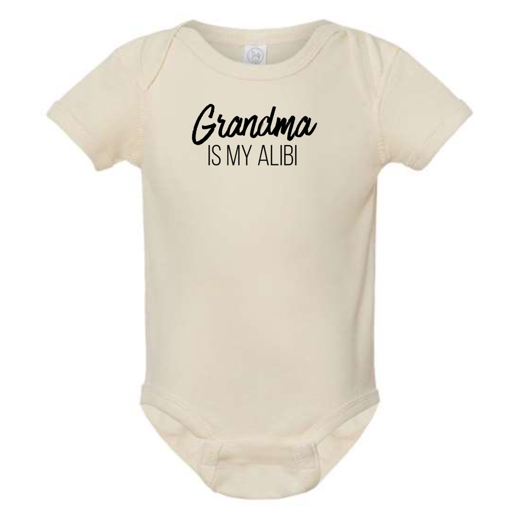 GRANDMA IS MY ALIBI BABY ONESIE: Dusty Rose -6 months