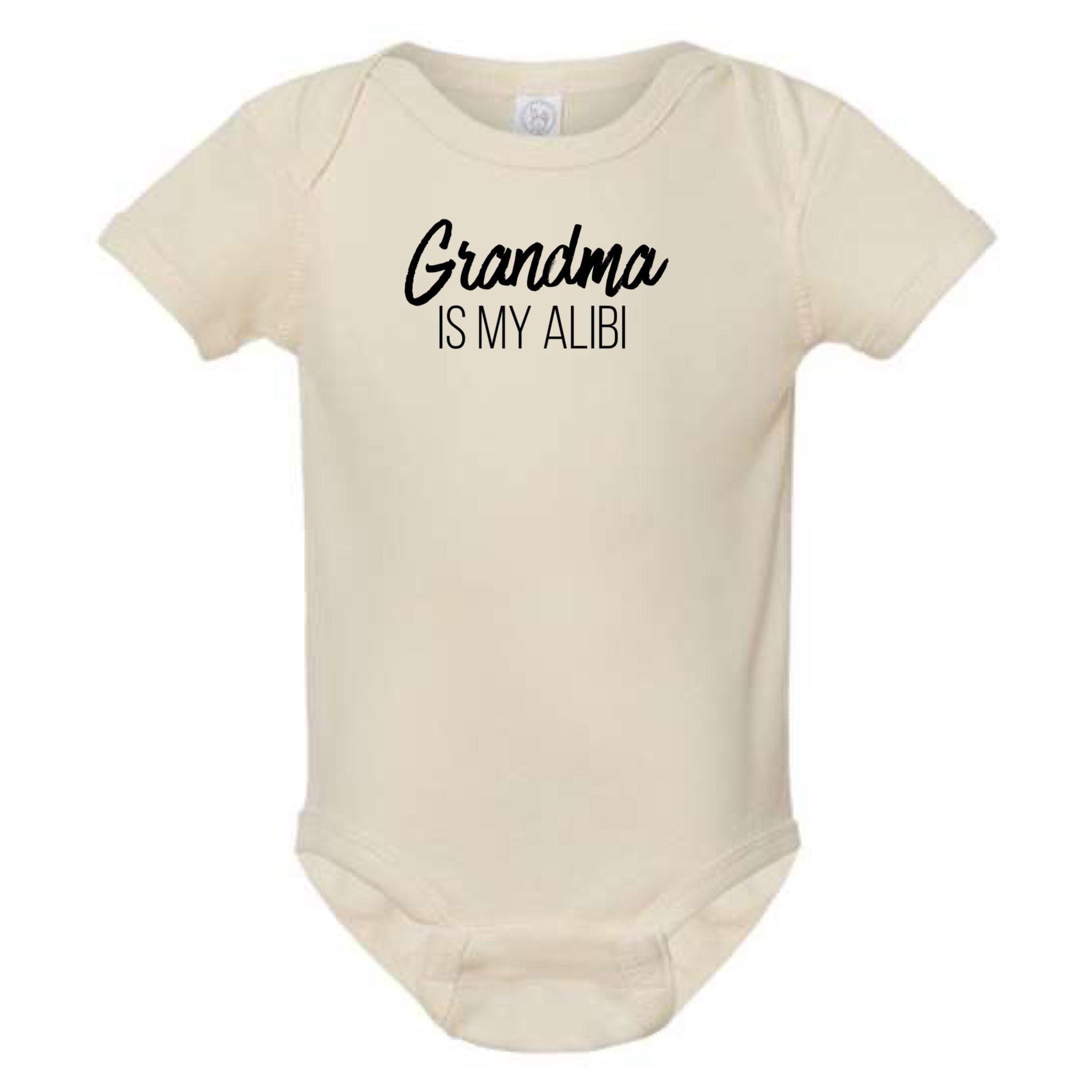 GRANDMA IS MY ALIBI BABY ONESIE: Dusty Rose -6 months