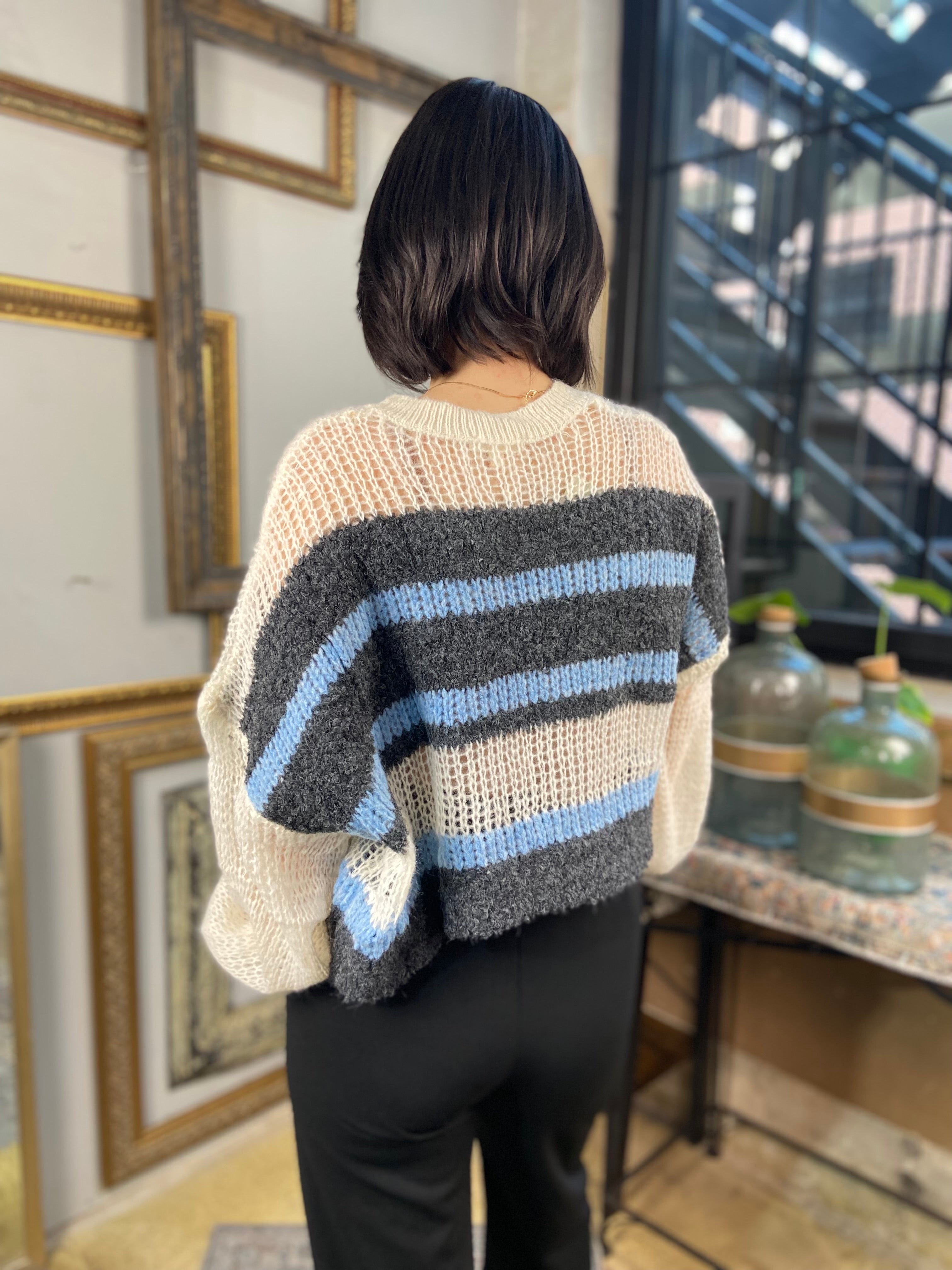 Melody Navy Stripe Crochet Sweater