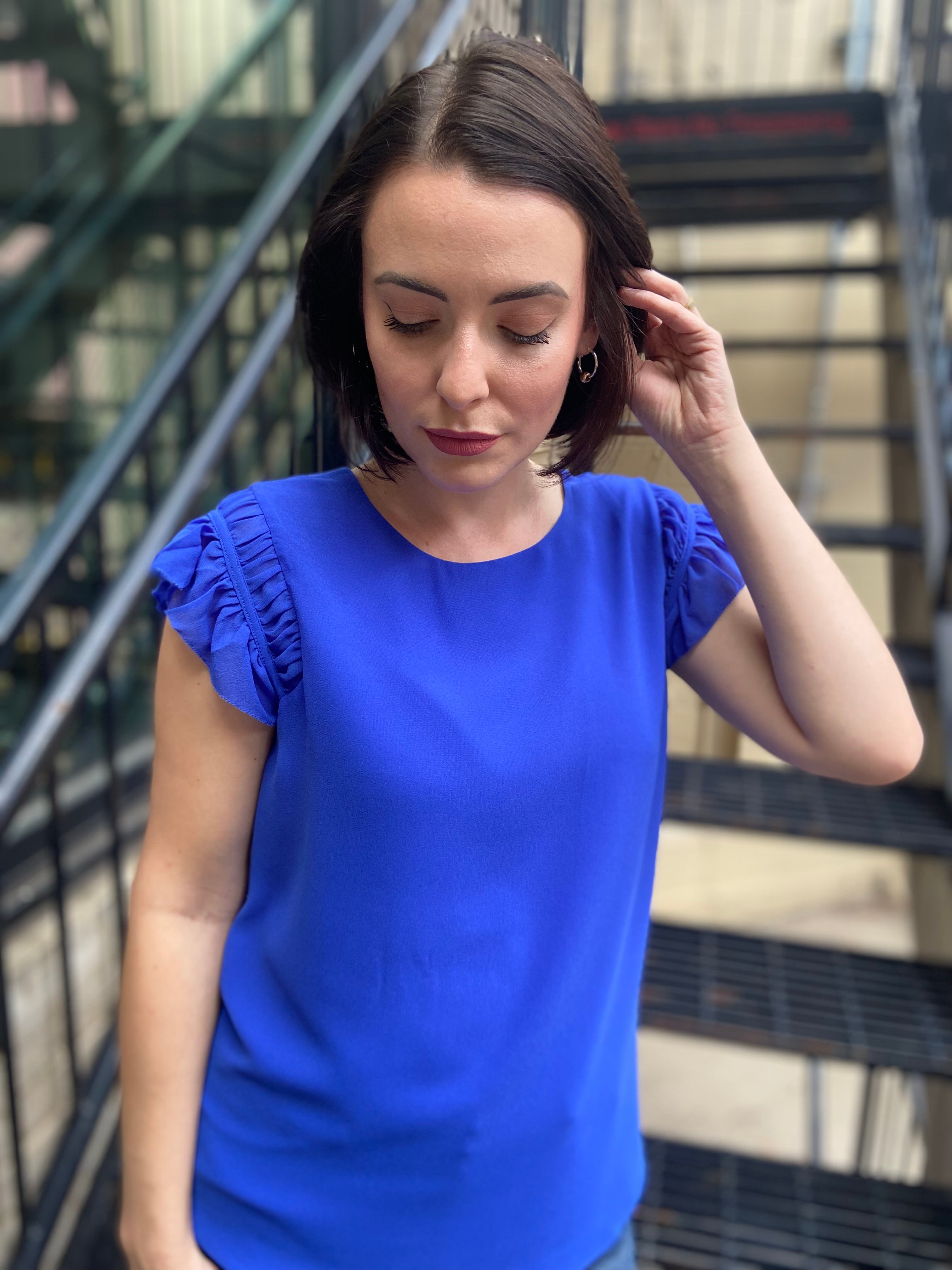 Miles Blue Ruffled Shoulder Cap Sleeve Top