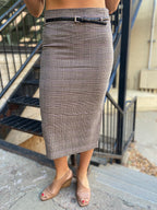 Parker Taupe & Pink Plaid Belted Midi Skirt