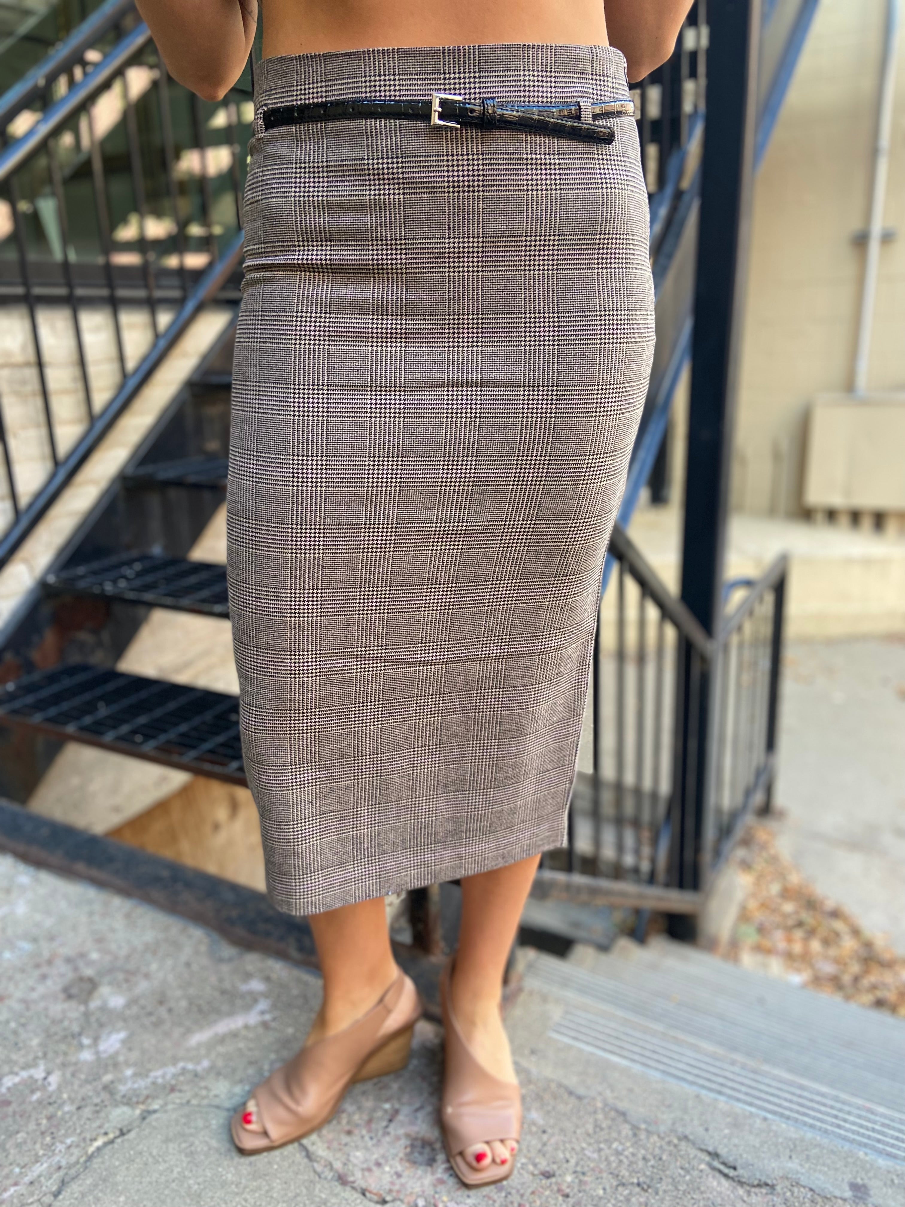 Parker Taupe & Pink Plaid Belted Midi Skirt