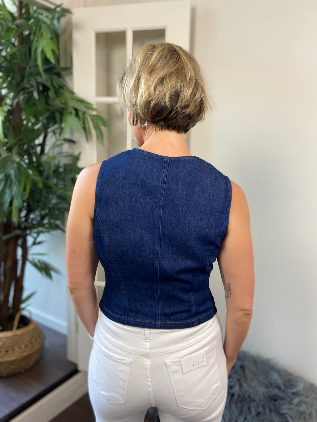 Ezra Dark Wash Denim Gold Button Detail Vest - MK Threads Boutique