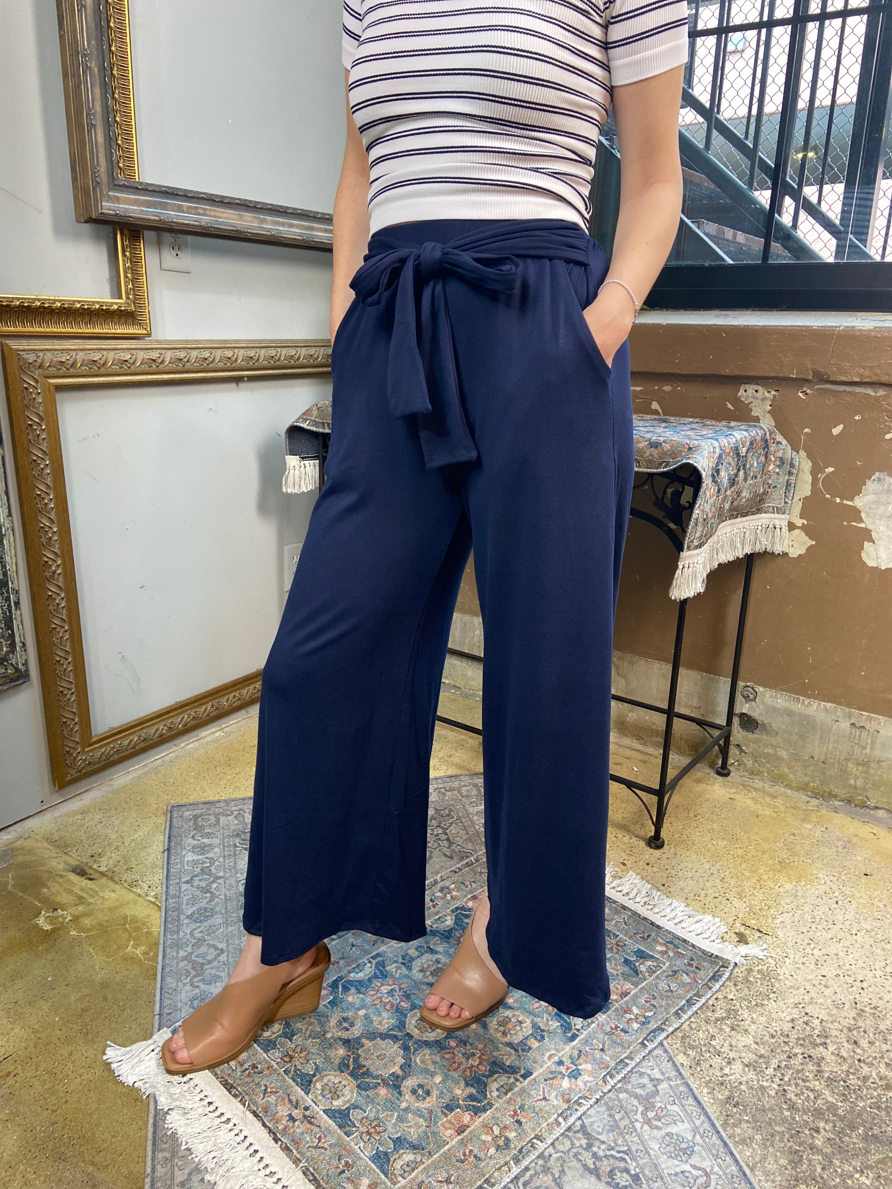 Barry Navy Blue Front Tie Knit Palazzo Pants - MK Threads Boutique