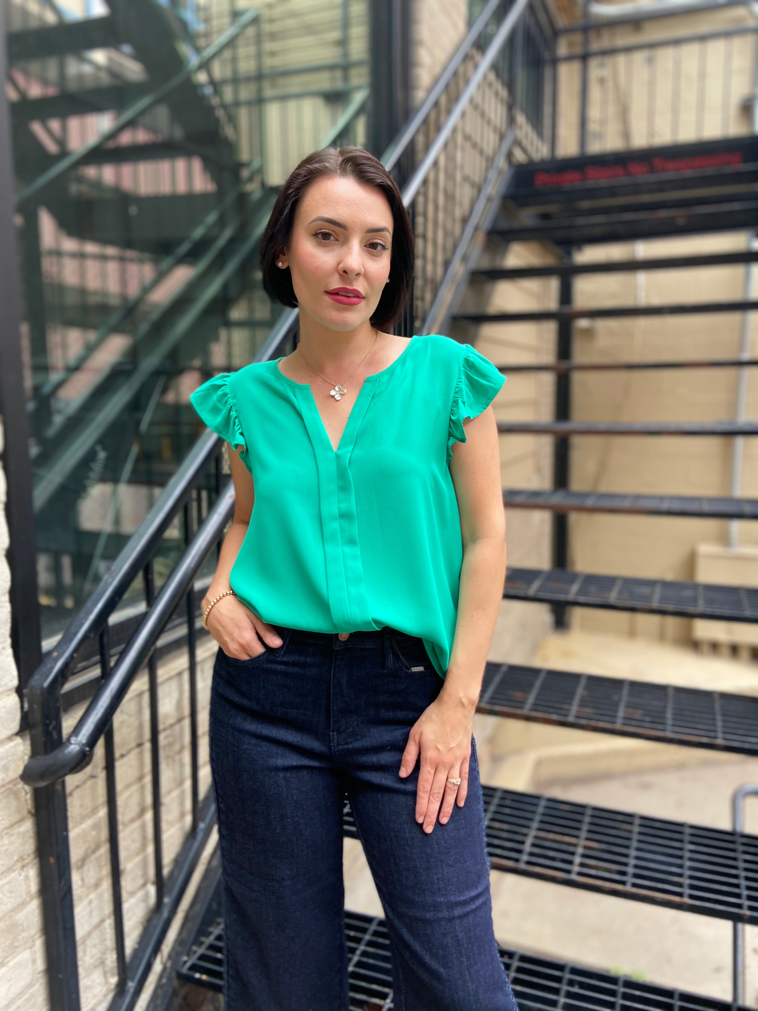 Bodhi Light Emerald Flutter Sleeve Blouse