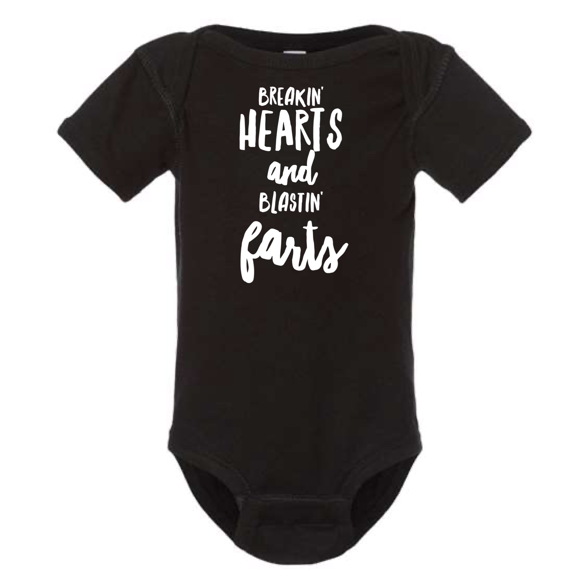 BREAKIN' HEARTS AND BLASTIN' FARTS BABY ONESIE: Black -6 months