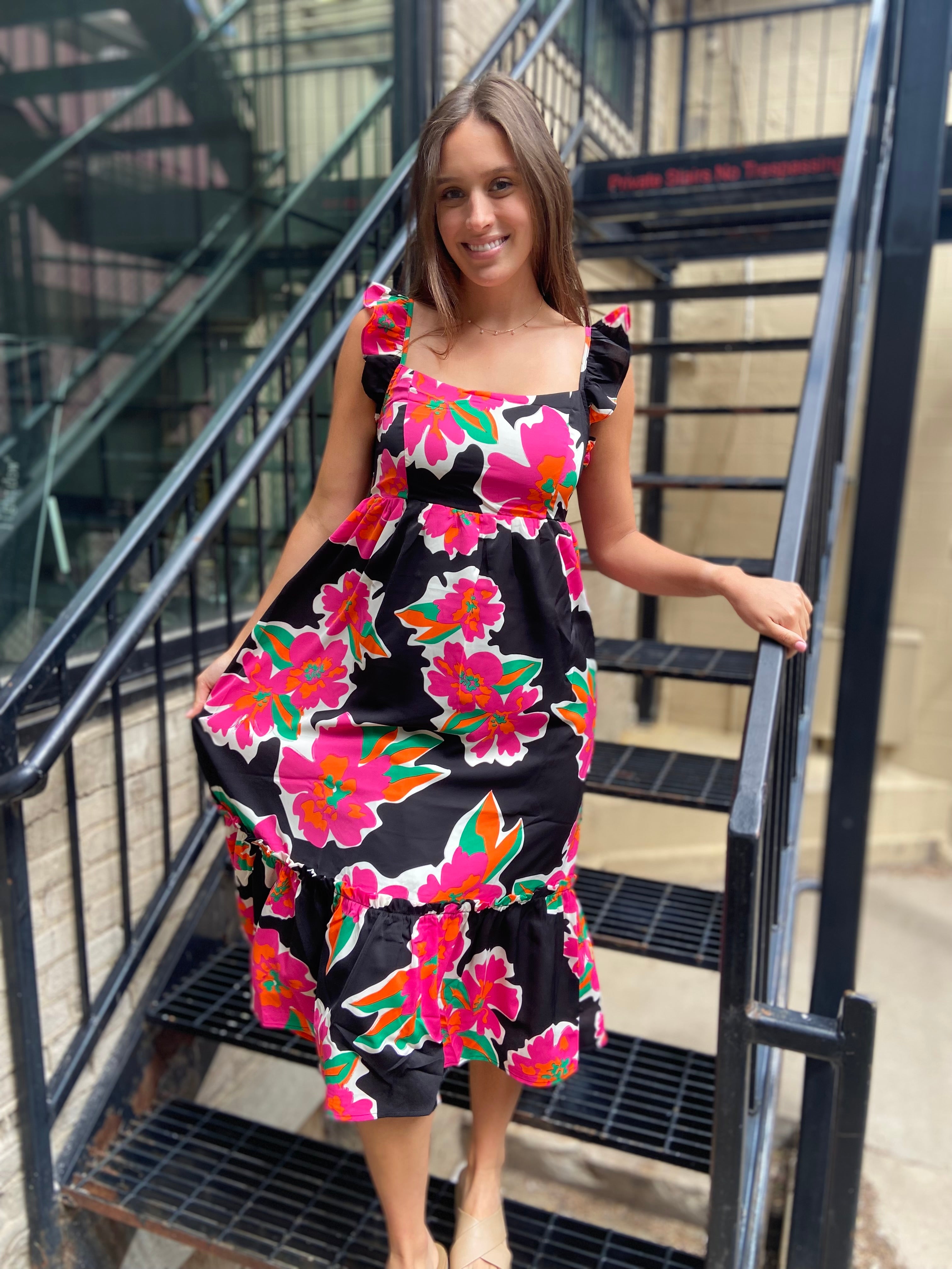Zuri Black Floral Print Ruffle Midi Dress