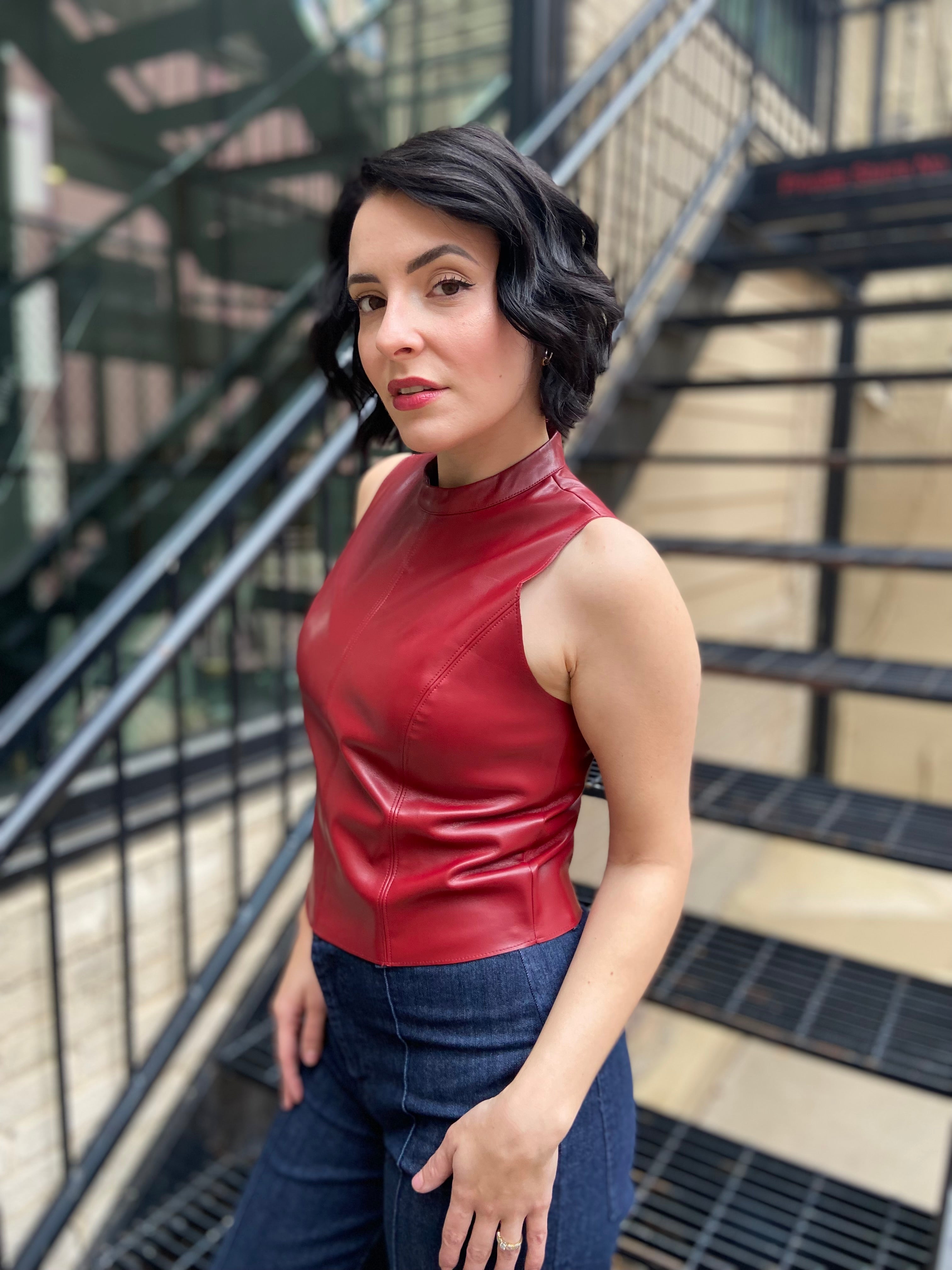 Mary Burgundy Vegan Leather Mock Neck Sleeveless Top