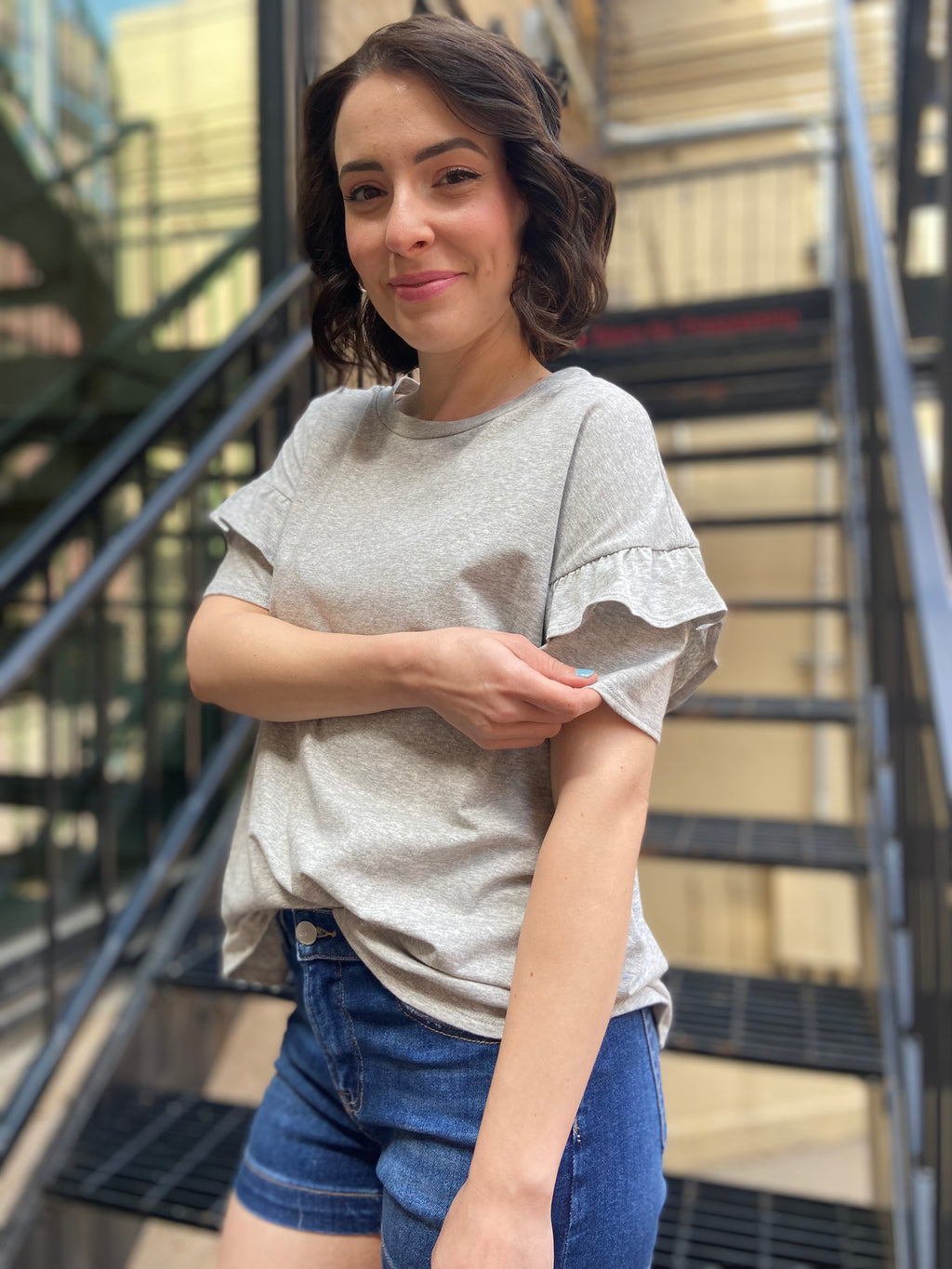 Margot Gray Ruffle Sleeve Top - MK Threads Boutique