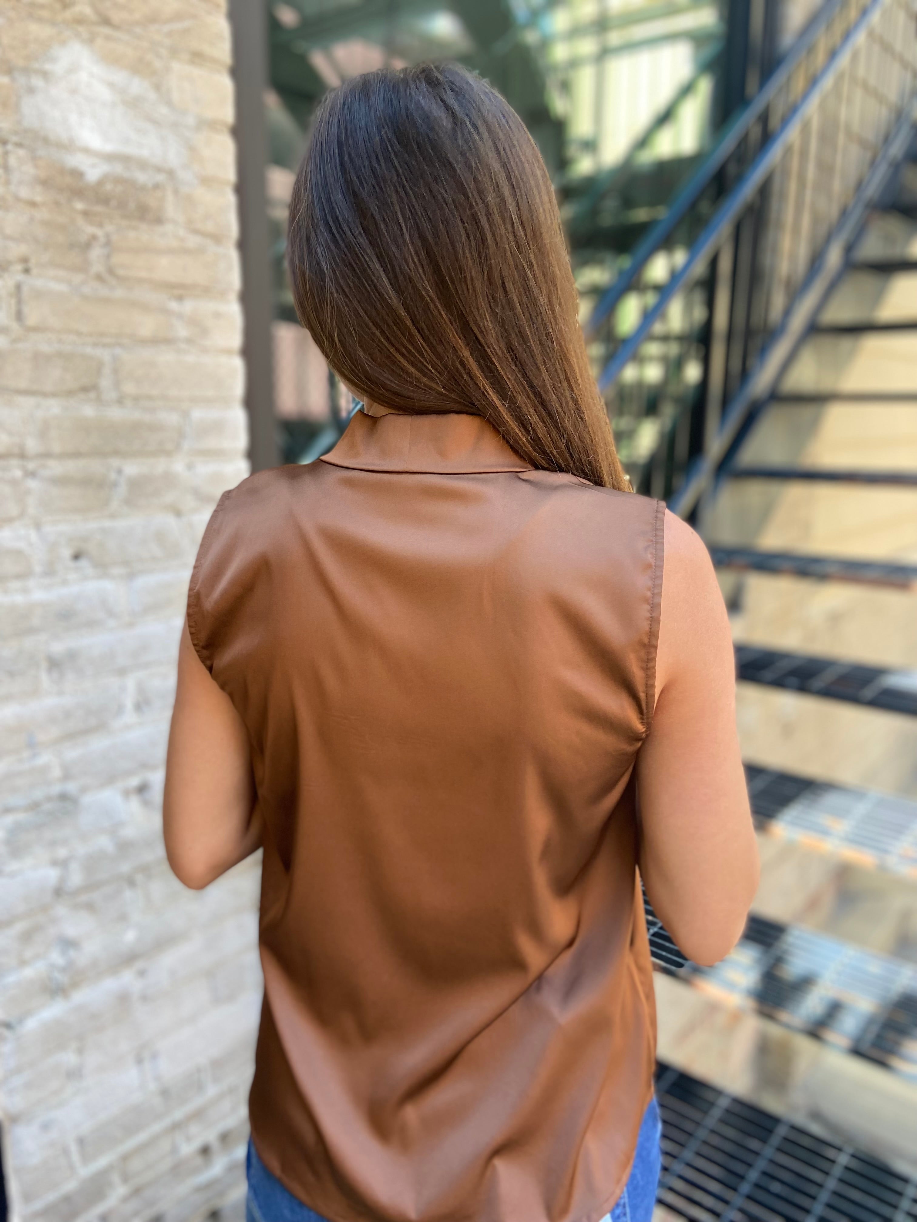 Abbey Brown Satin Collard Sleeveless Blouse