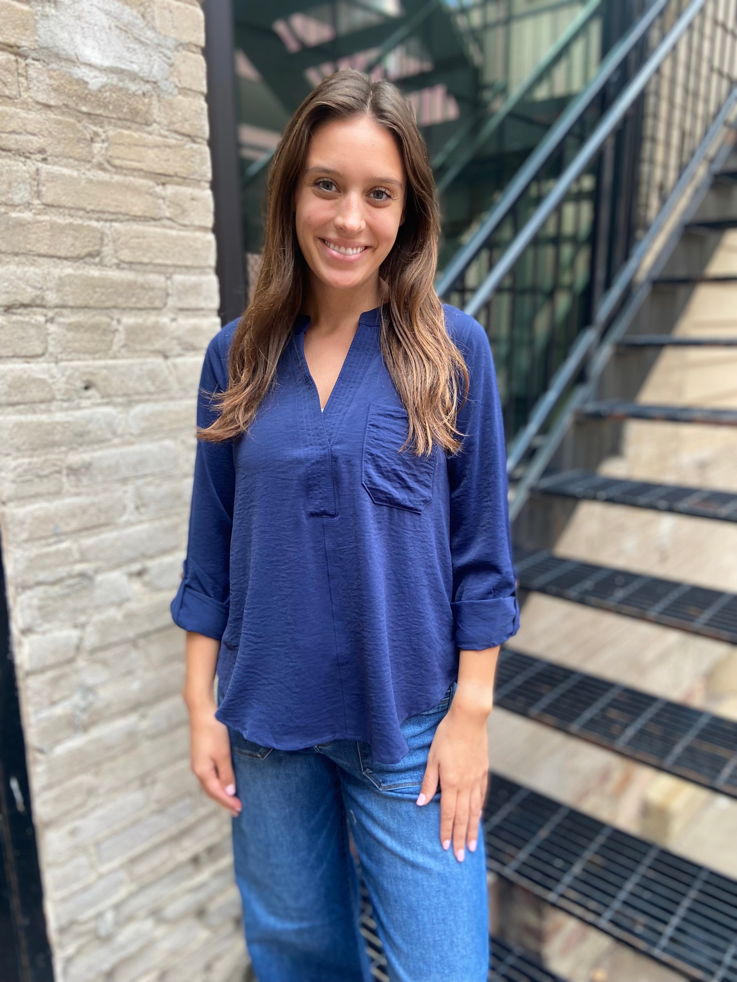 Oriana Navy V-Neck Long Sleeve