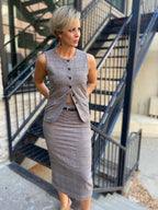 Parker Taupe & Pink Plaid Belted Midi Skirt