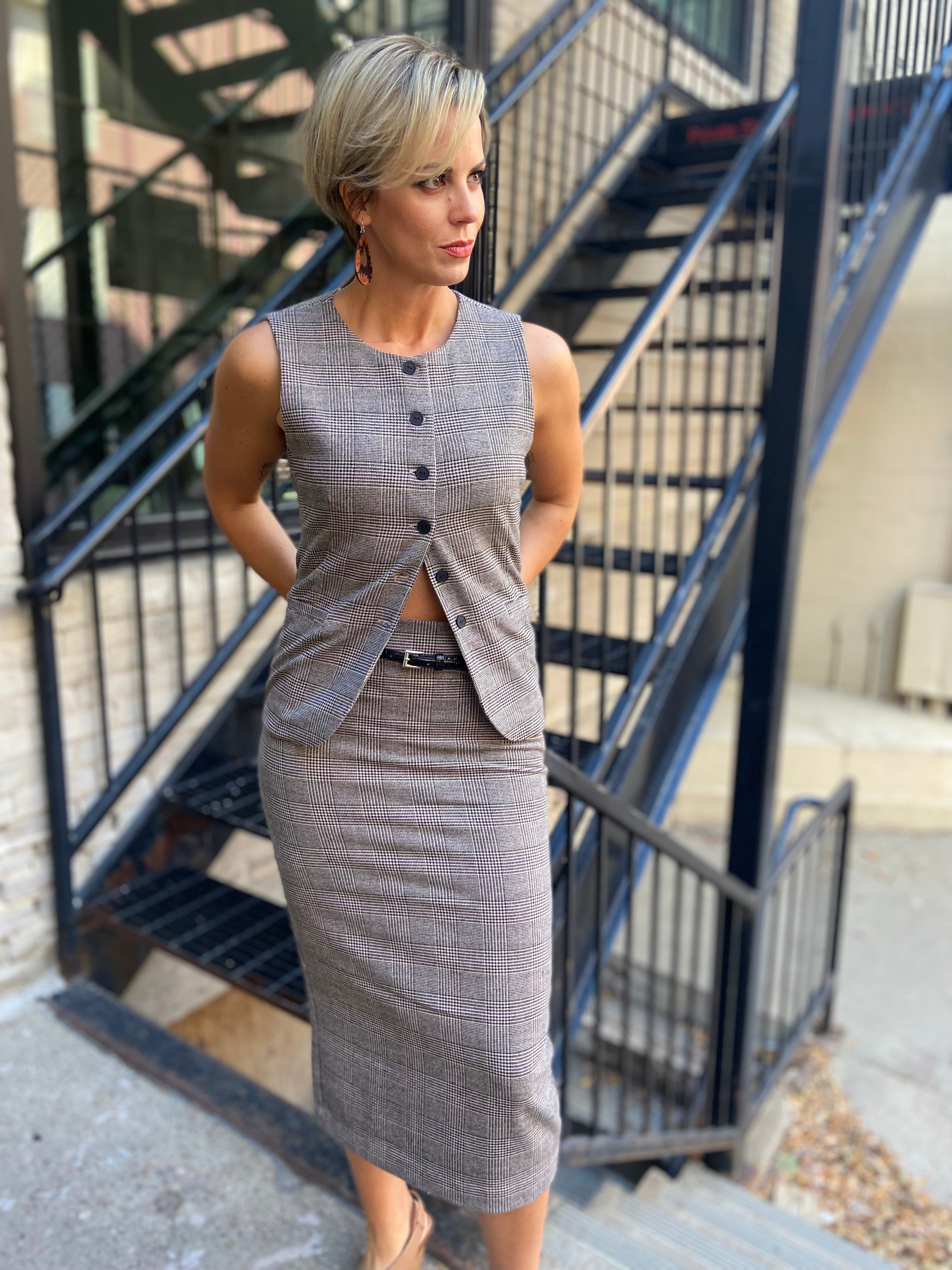 Parker Taupe & Pink Plaid Belted Midi Skirt