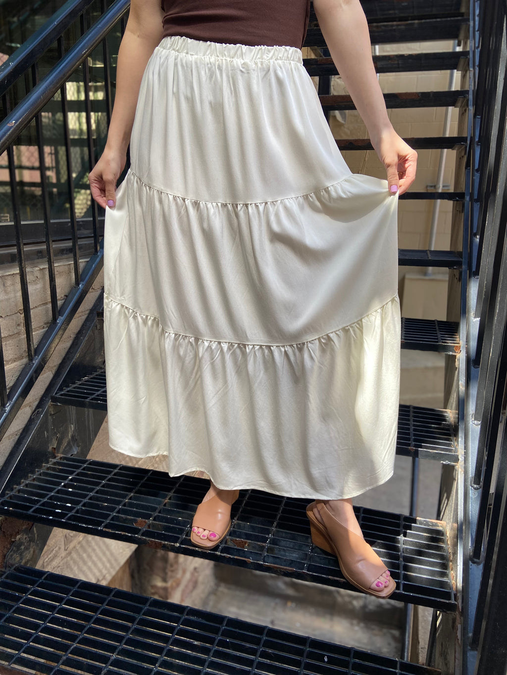 Angela Off White Elastic Tiered Flowy Maxi Skirt - MK Threads Boutique