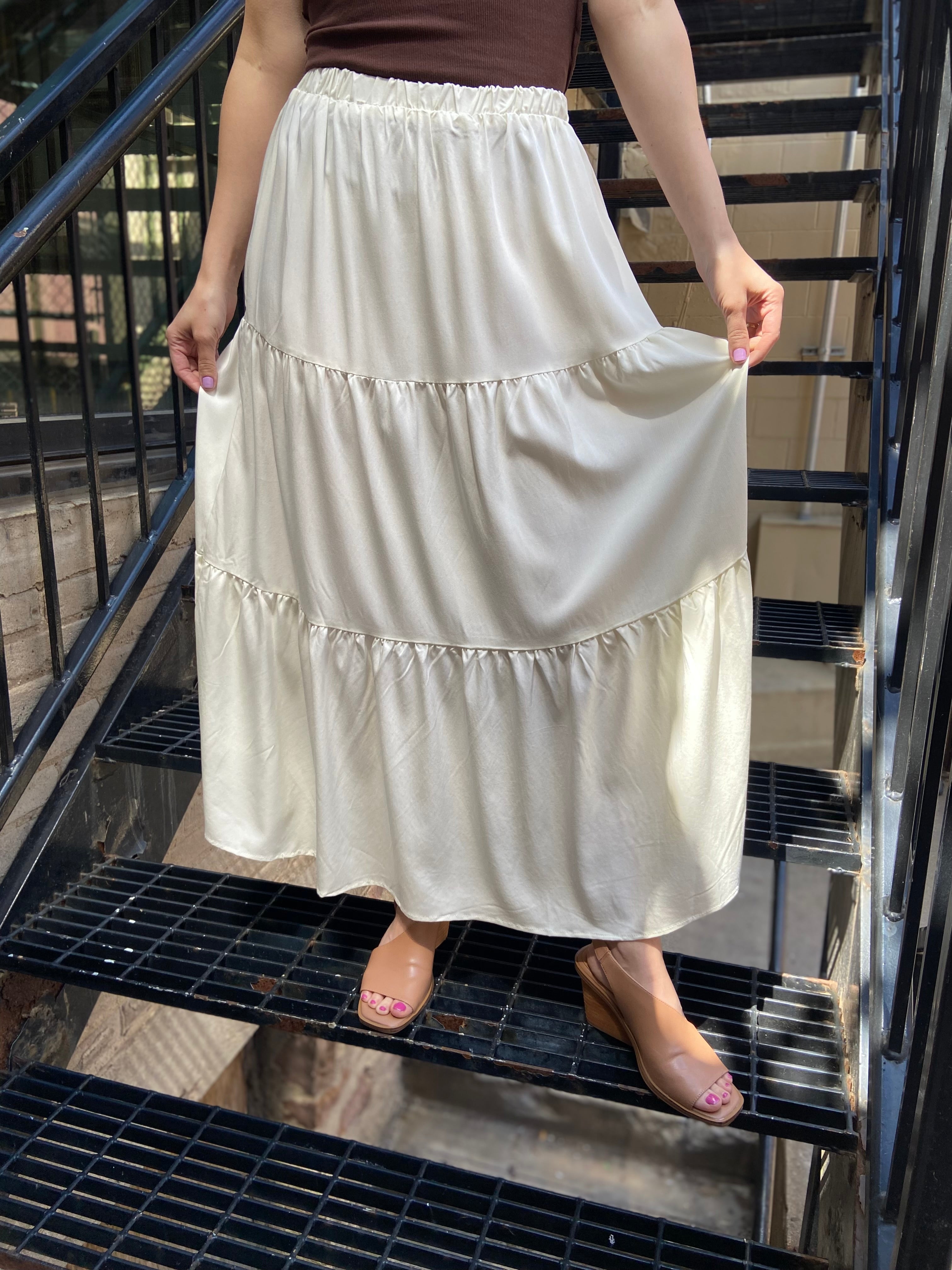 Angela Off White Elastic Tiered Flowy Maxi Skirt - MK Threads Boutique