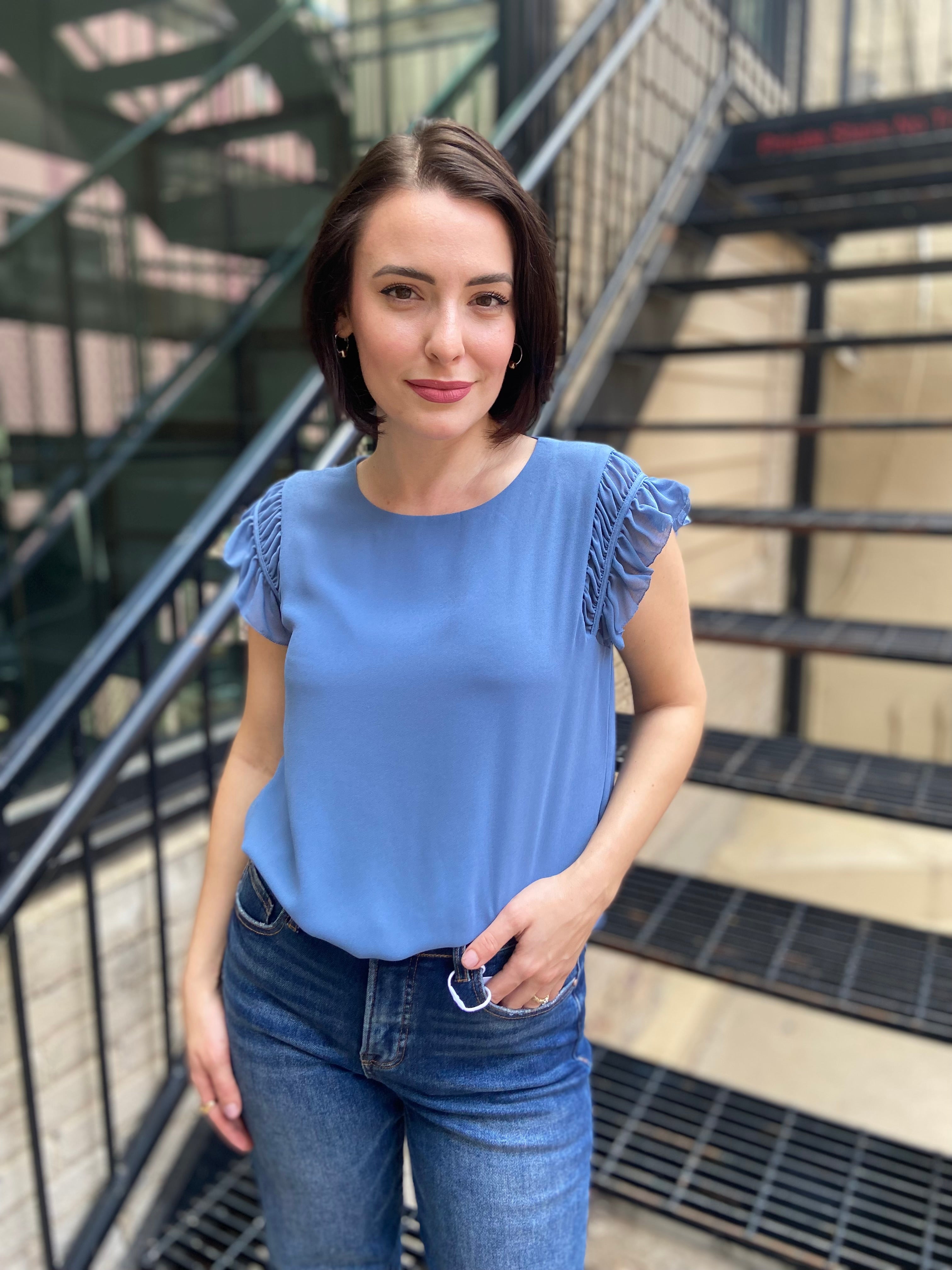 Miles Light Blue Ruffled Shoulder Cap Sleeve Top