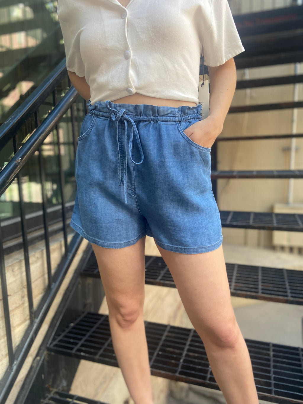 Mae Light Blue Relaxed Denim Shorts With Pockets - MK Threads Boutique