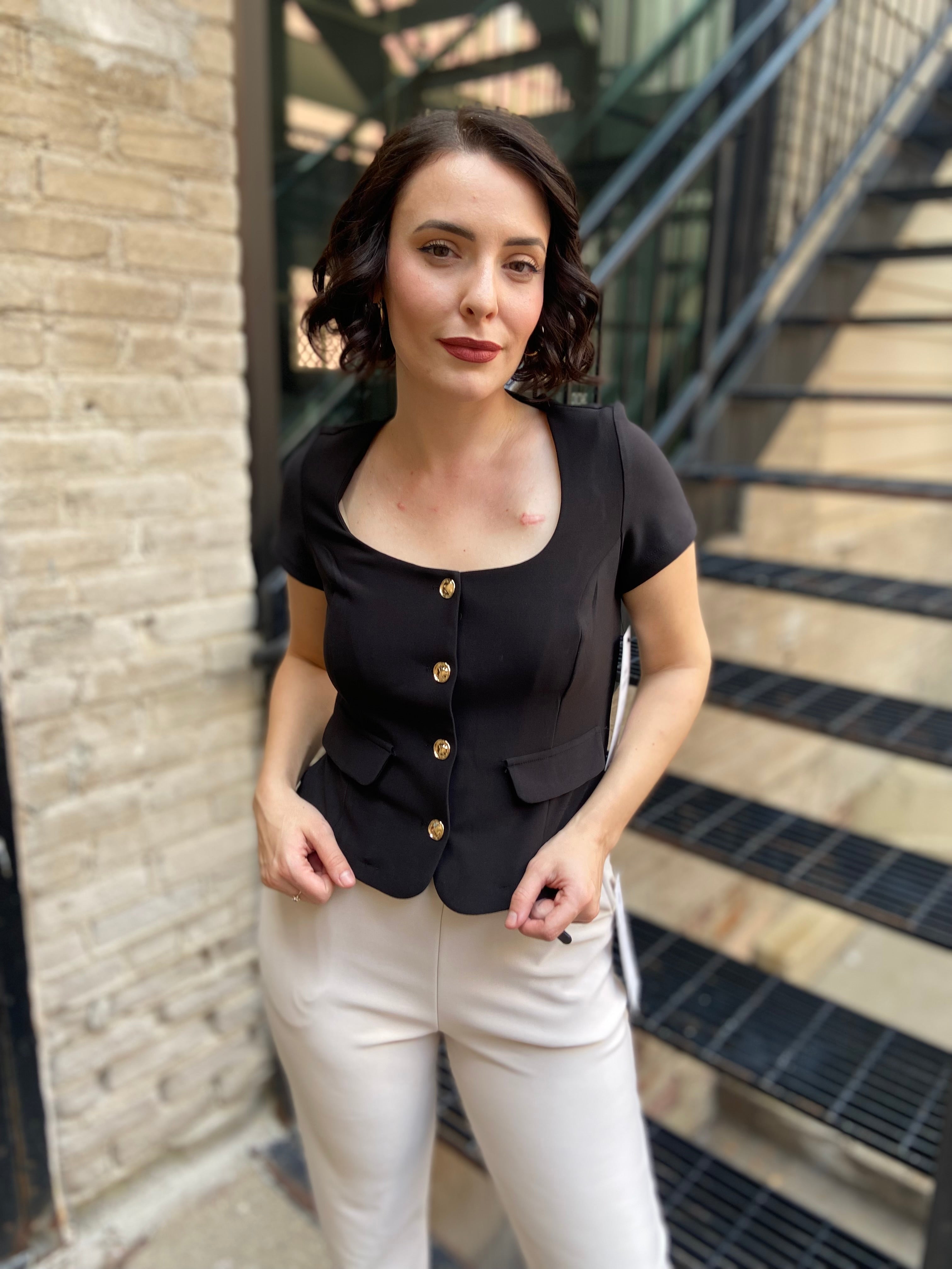 Paige Black Short Sleeve Gold Button Top