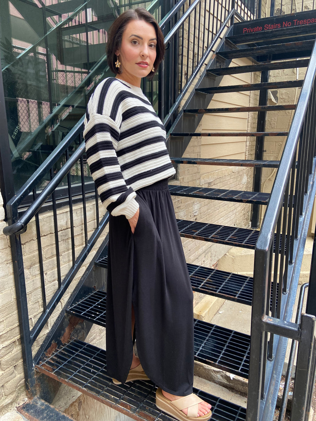Mika Black Smocked Waist Side Slit Midi Skirt