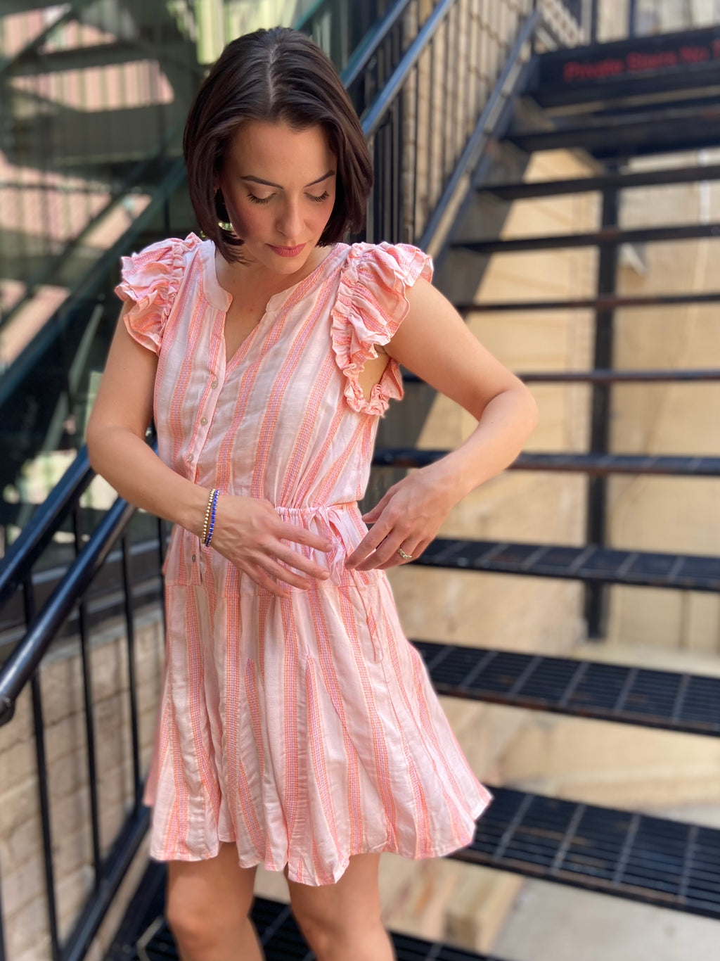 Siena Coral Striped Tie Waist Mini Dress
