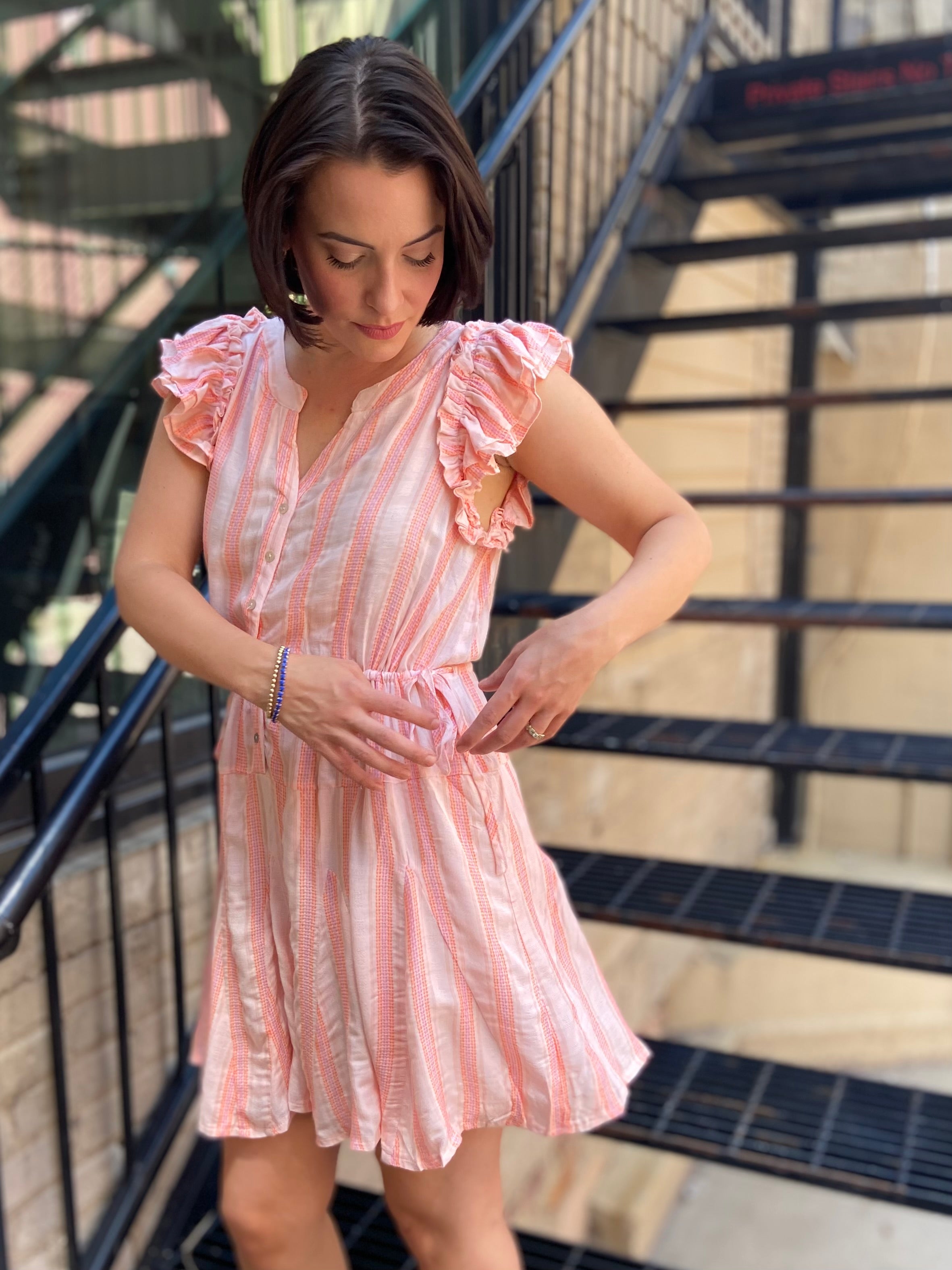 Siena Coral Striped Tie Waist Mini Dress