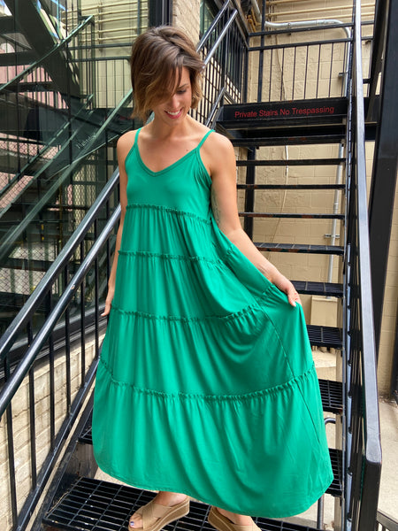 Priscilla Kelly Green Tiered Maxi Dress