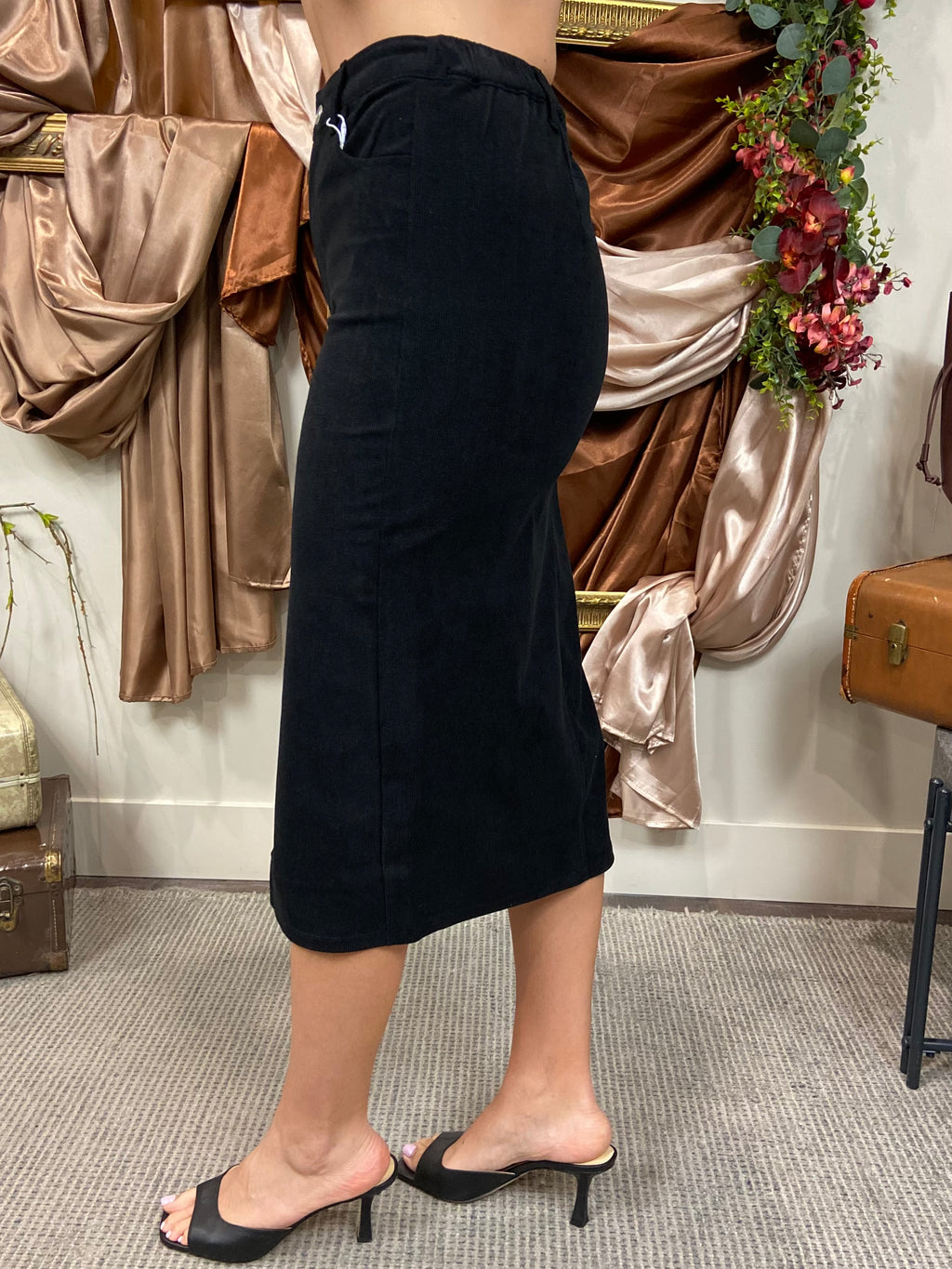 Scarlett Black Slit Corduroy Midi Skirt