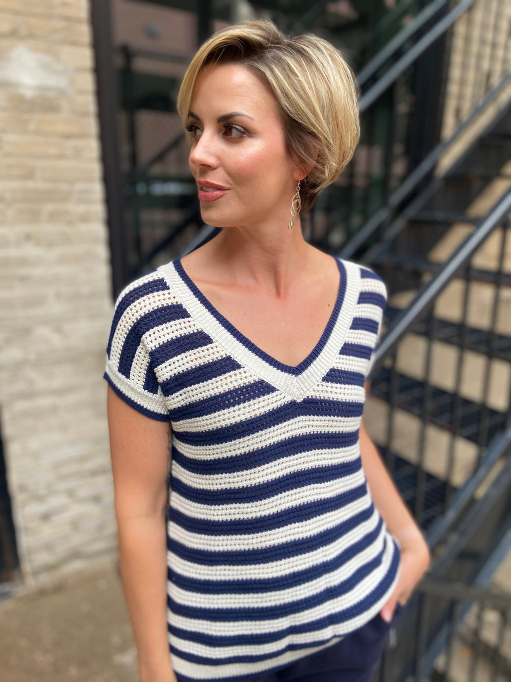 KiKi Navy Striped Crochet Knit Short Sleeve