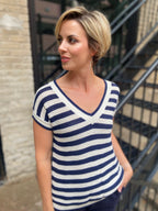 KiKi Navy Striped Crochet Knit Short Sleeve