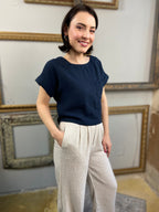 Audrey Navy Short Sleeve Linen Top