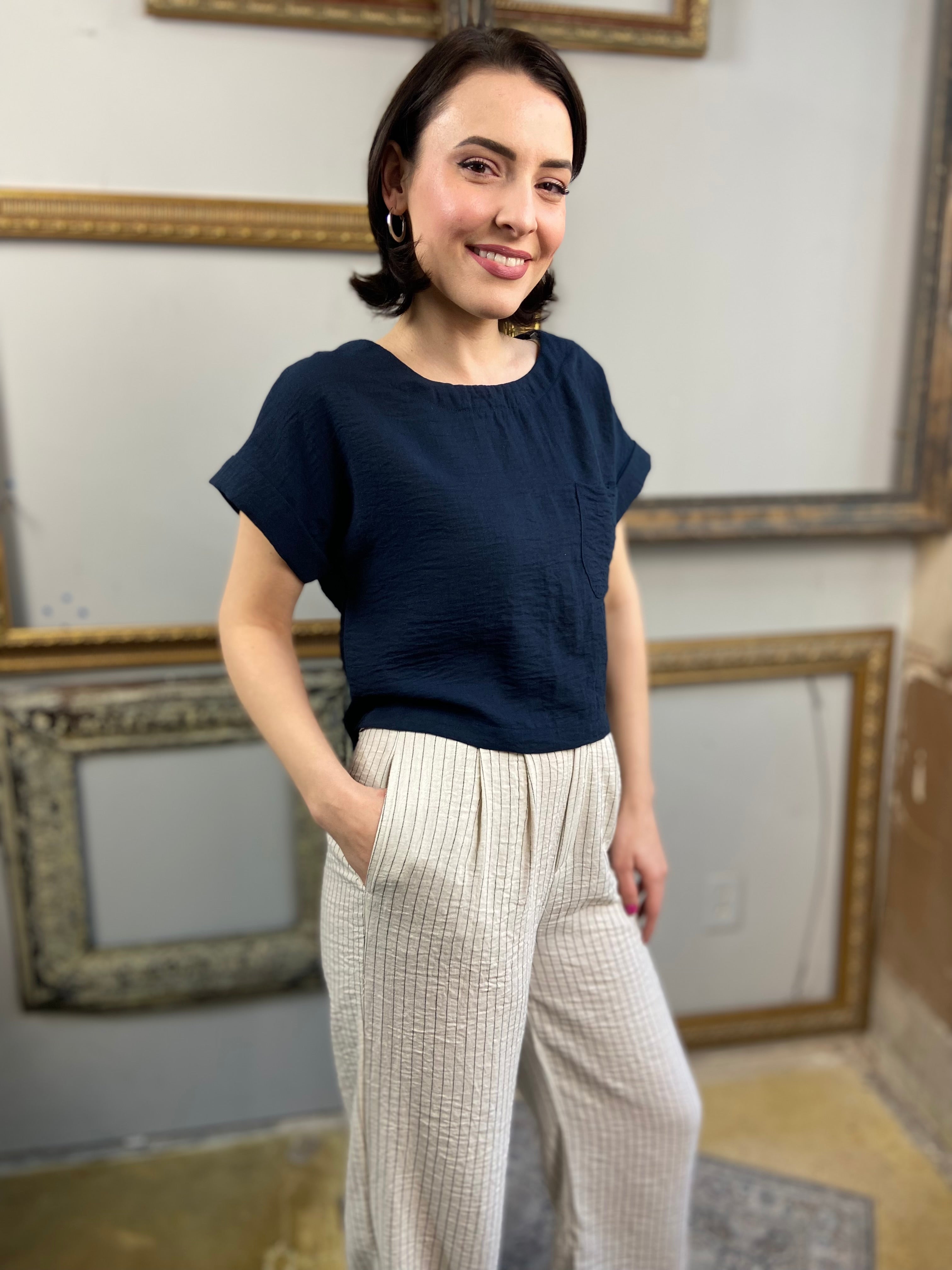 Audrey Navy Short Sleeve Linen Top