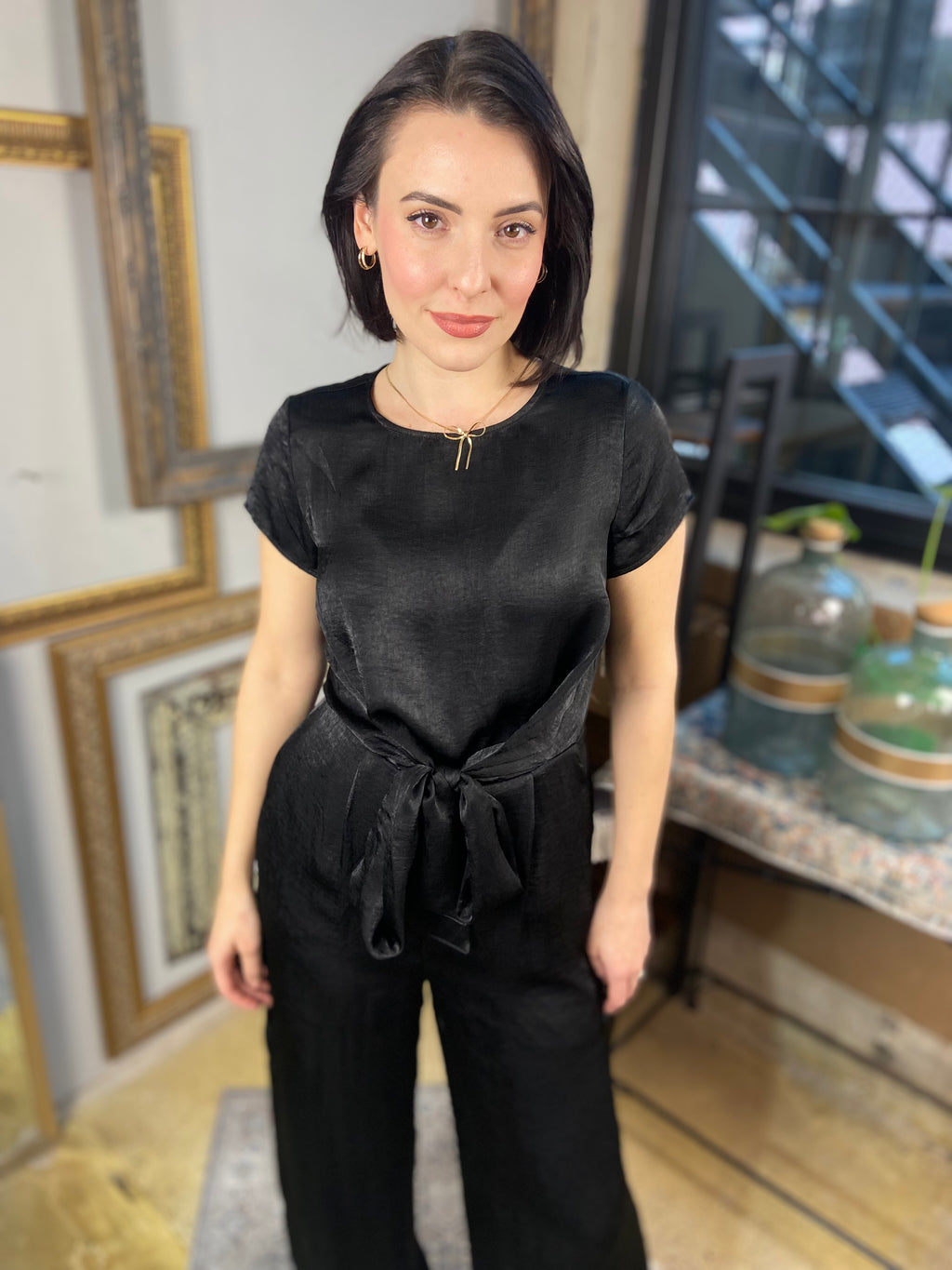 Amber Black Short Sleeve Front Tie Romper