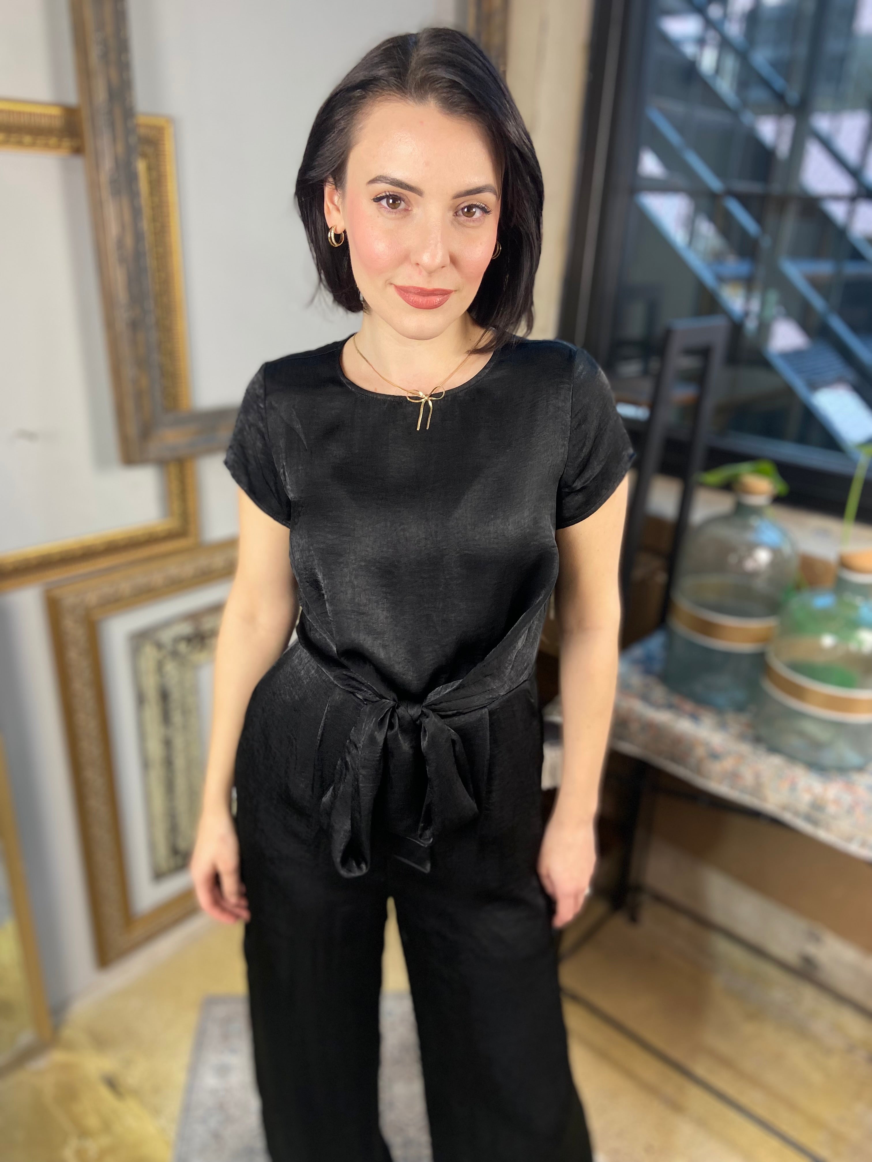 Amber Black Short Sleeve Front Tie Romper