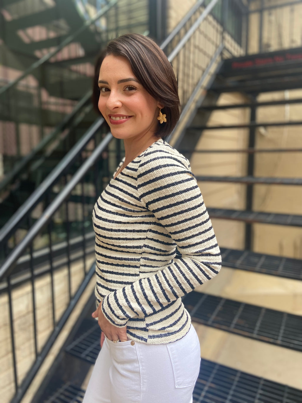 Eleanora Cream & Black Scoop Neck Long Sleeve Top