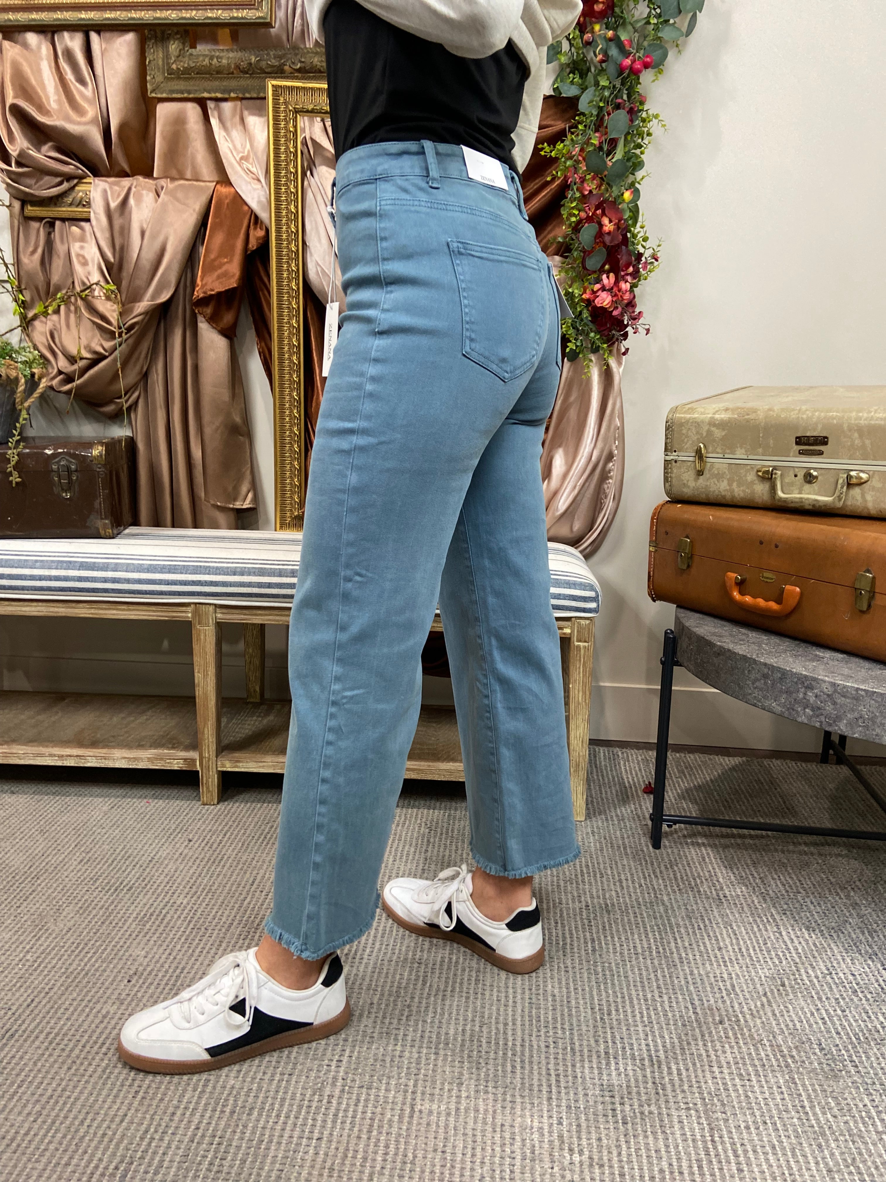 Allie Teal Frayed Straight Leg Zenana Jeans
