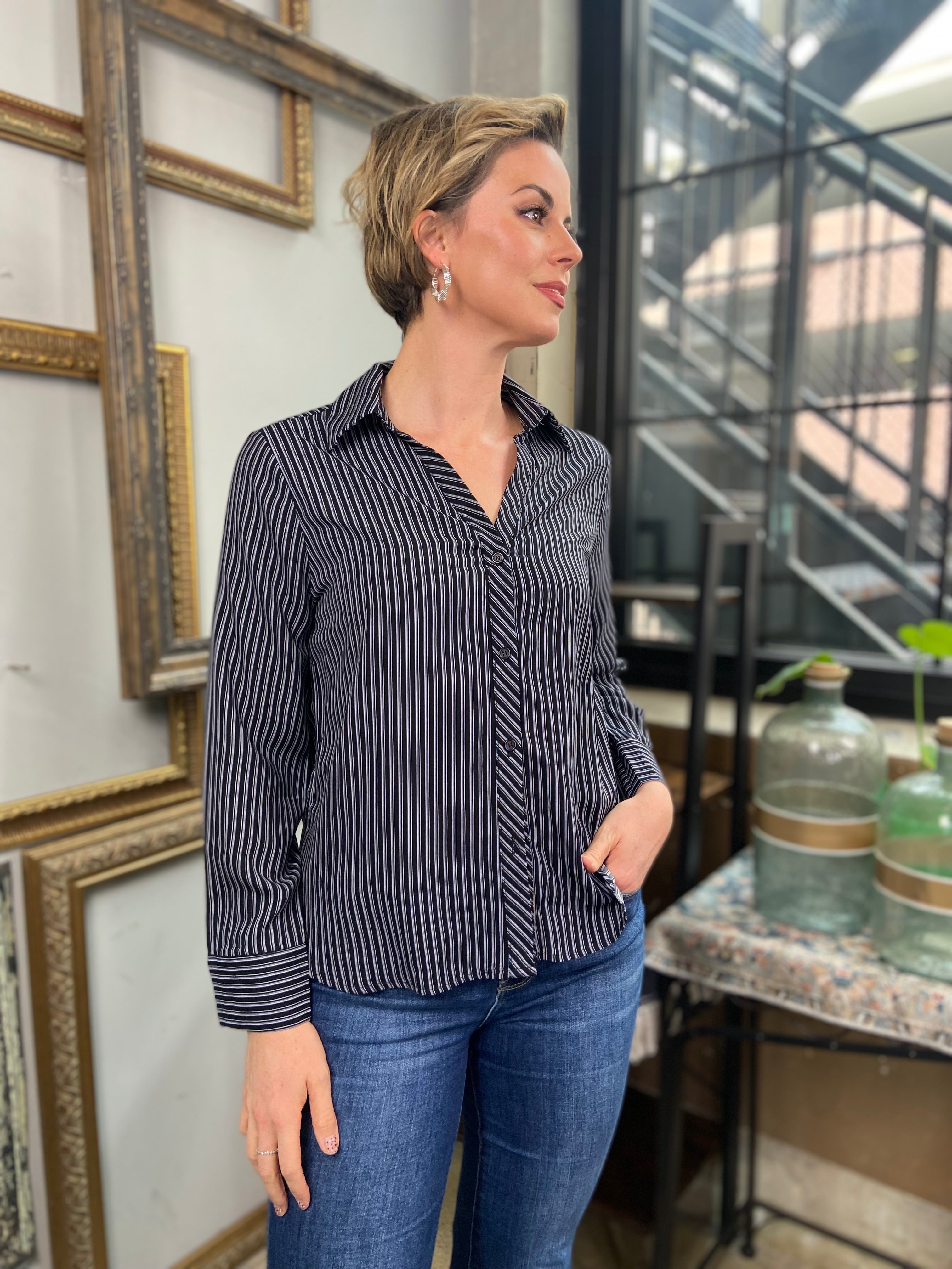 Talee Black & White Strip Button Up - MK Threads Boutique