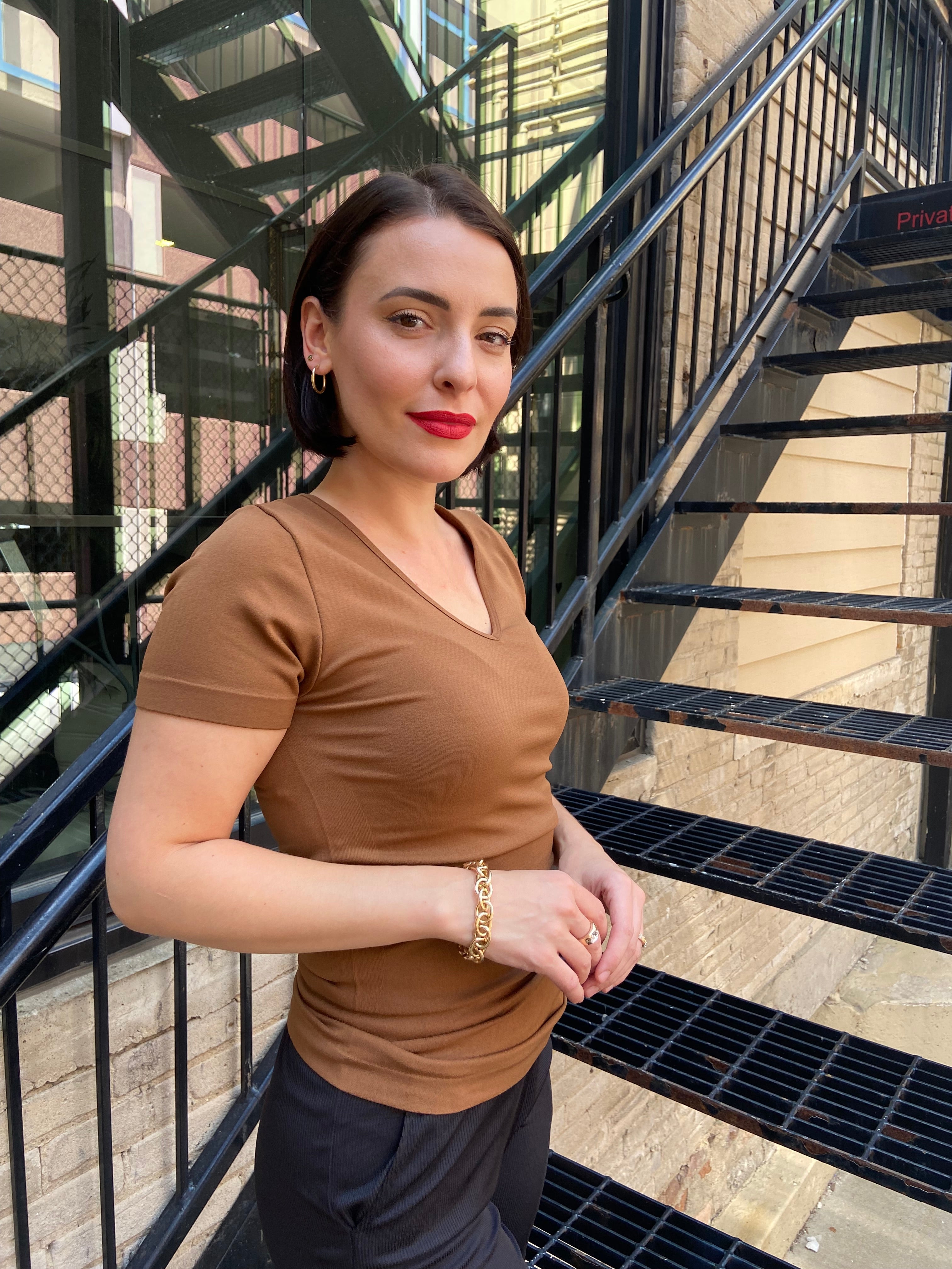 Lena Cognac Seamless Layering V-Neck T Shirt
