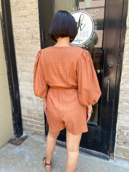 Lina Burnt Orange Half Sleeve Linen Romper