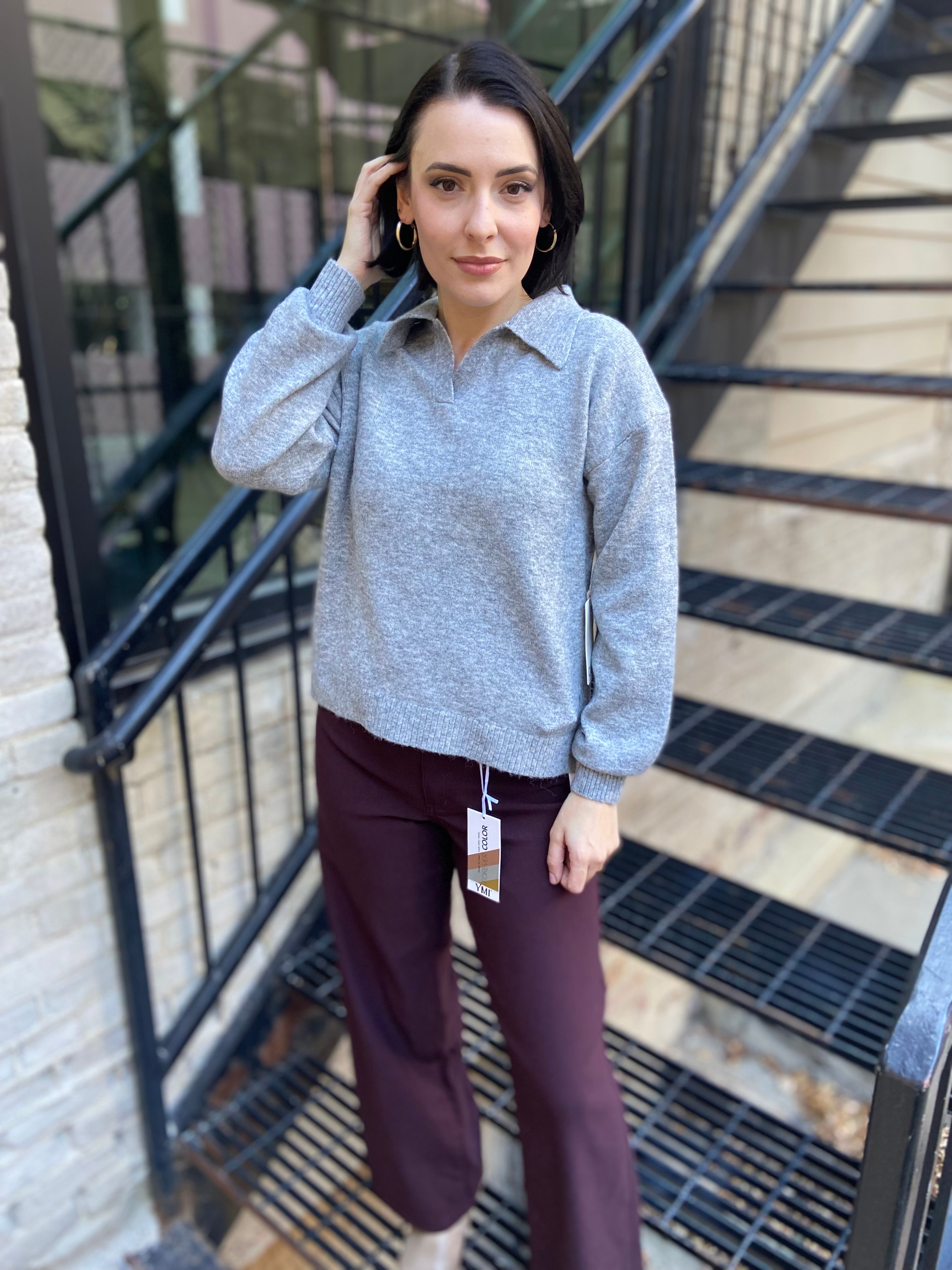 Skye Heather Gray Polo Knit Sweater