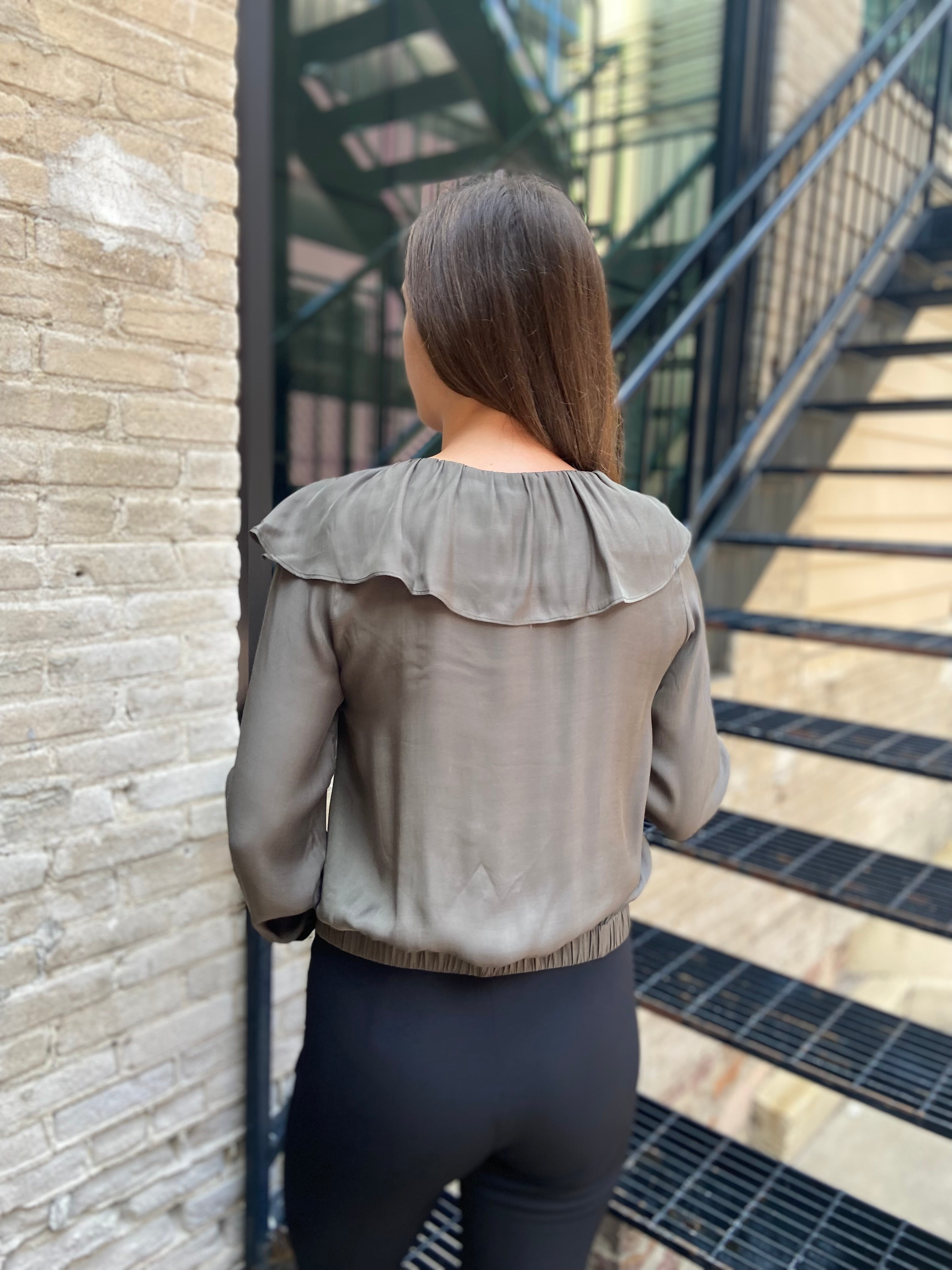 Nicole Dusty Olive Ruffled V-Neck Long Sleeve Blouse