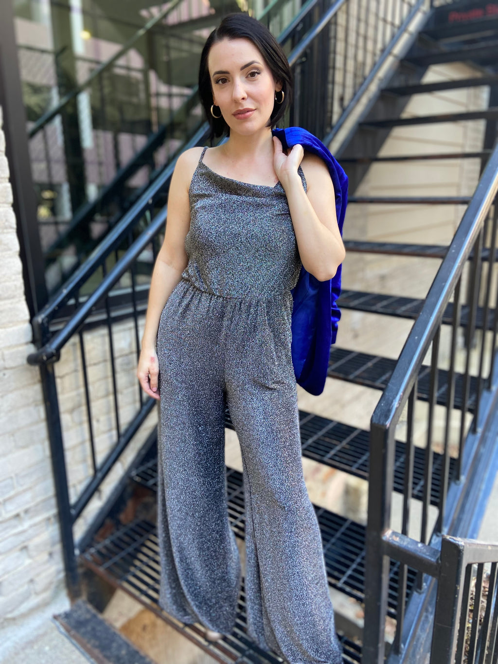Tiffany Black And Silver Cowl Neck Glitter Jumpsuit